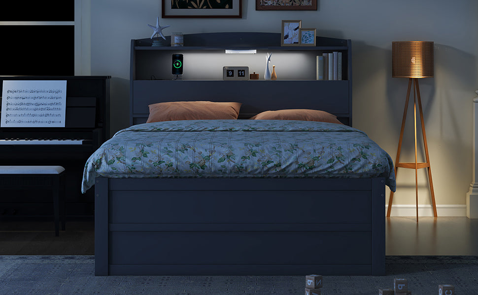 Full Size Wooden Led Platform Bed With Trundle, With Storage Headboard, With Drawers, Gray Full Gray Plywood