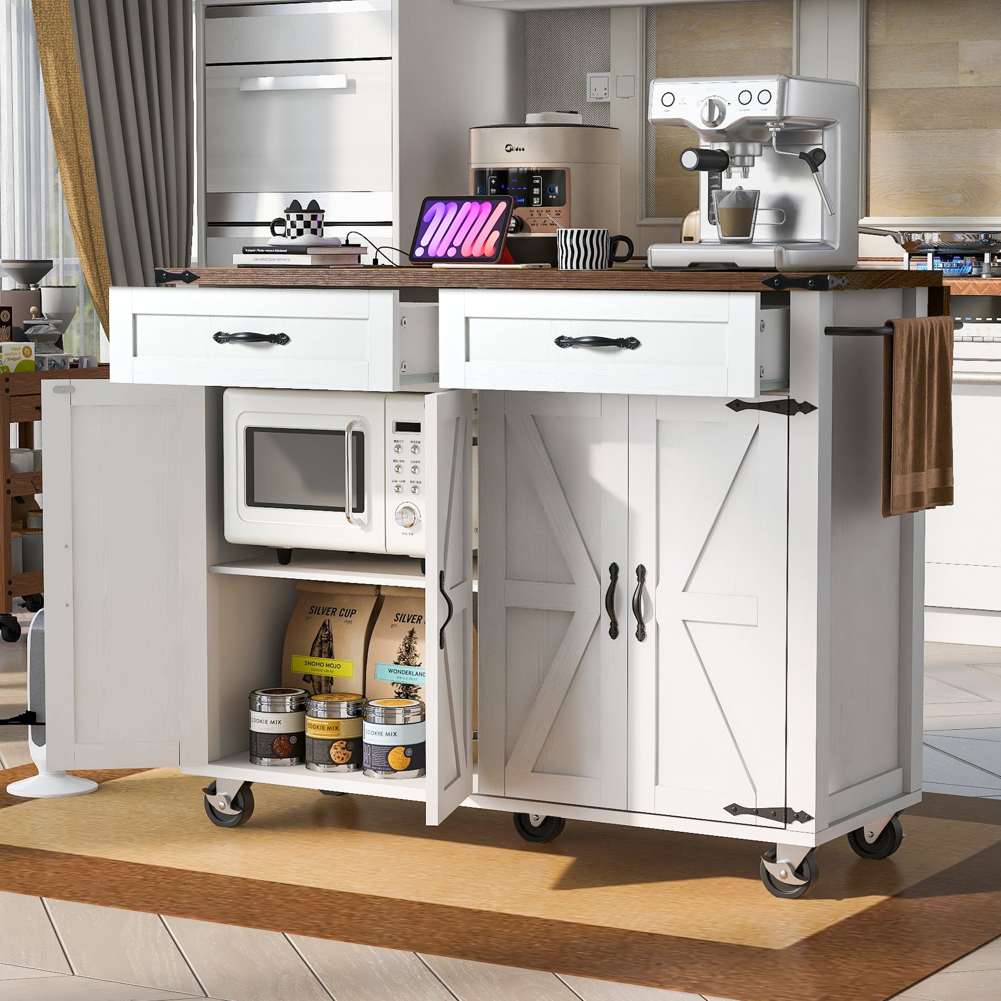 K&K 53.5''Farmhouse Kitchen Island With Power Outlet, Kitchen Storage Island With Drop Leaf, Spice Rack And Drawer, Rolling Kitchen Cart On Wheels, For Home, Kitchen And Dining Room, White White