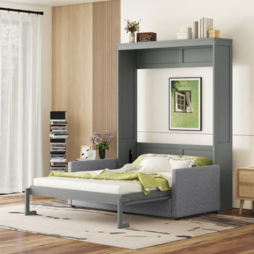 Queen Size Murphy Bed Wall Bed With Cushion,Gray Queen Gray Mdf Lvl