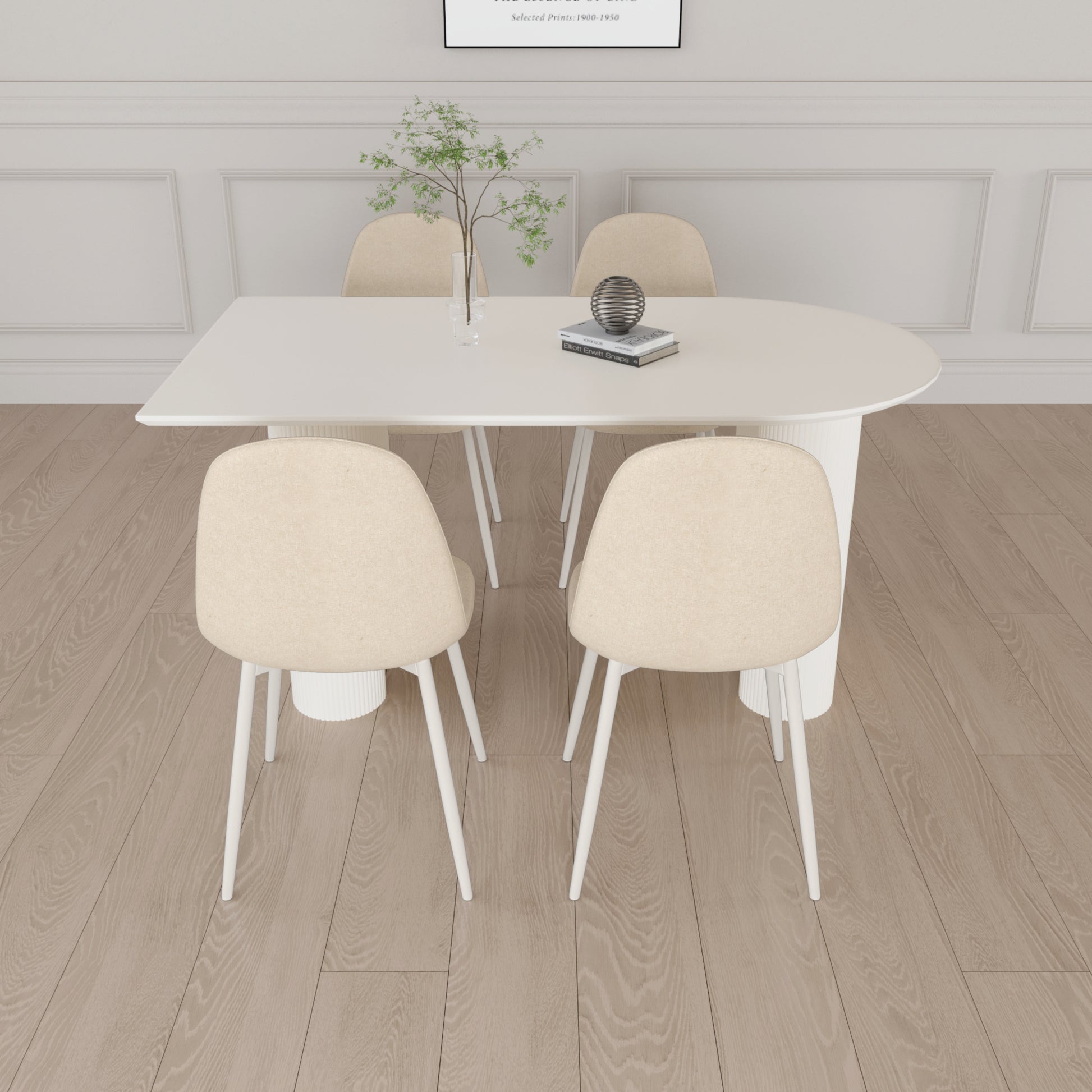 63 "Mdf Cream Style Coffee Table And Modern Dining Chair 4 Piece Set, Modern Fashion Kitchen Table Set, Round Wave Table Legs, Dining Table And Linen Chair Beige White Mdf