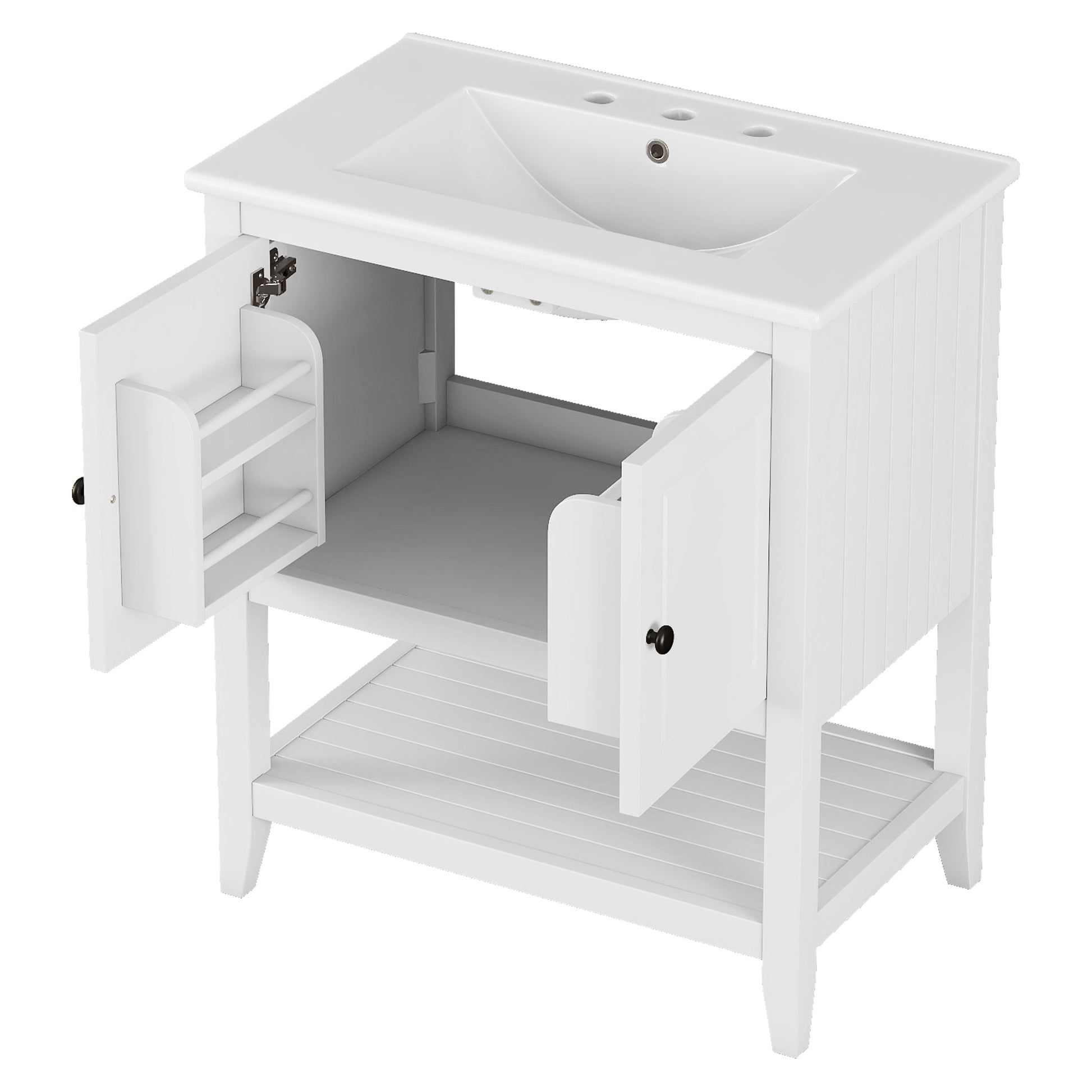 30" White Modern Sleek Bathroom Vanity Elegant Ceramic Sink With Solid Wood Frame Open Style Shelf & Door Shelf Design White Solid Wood