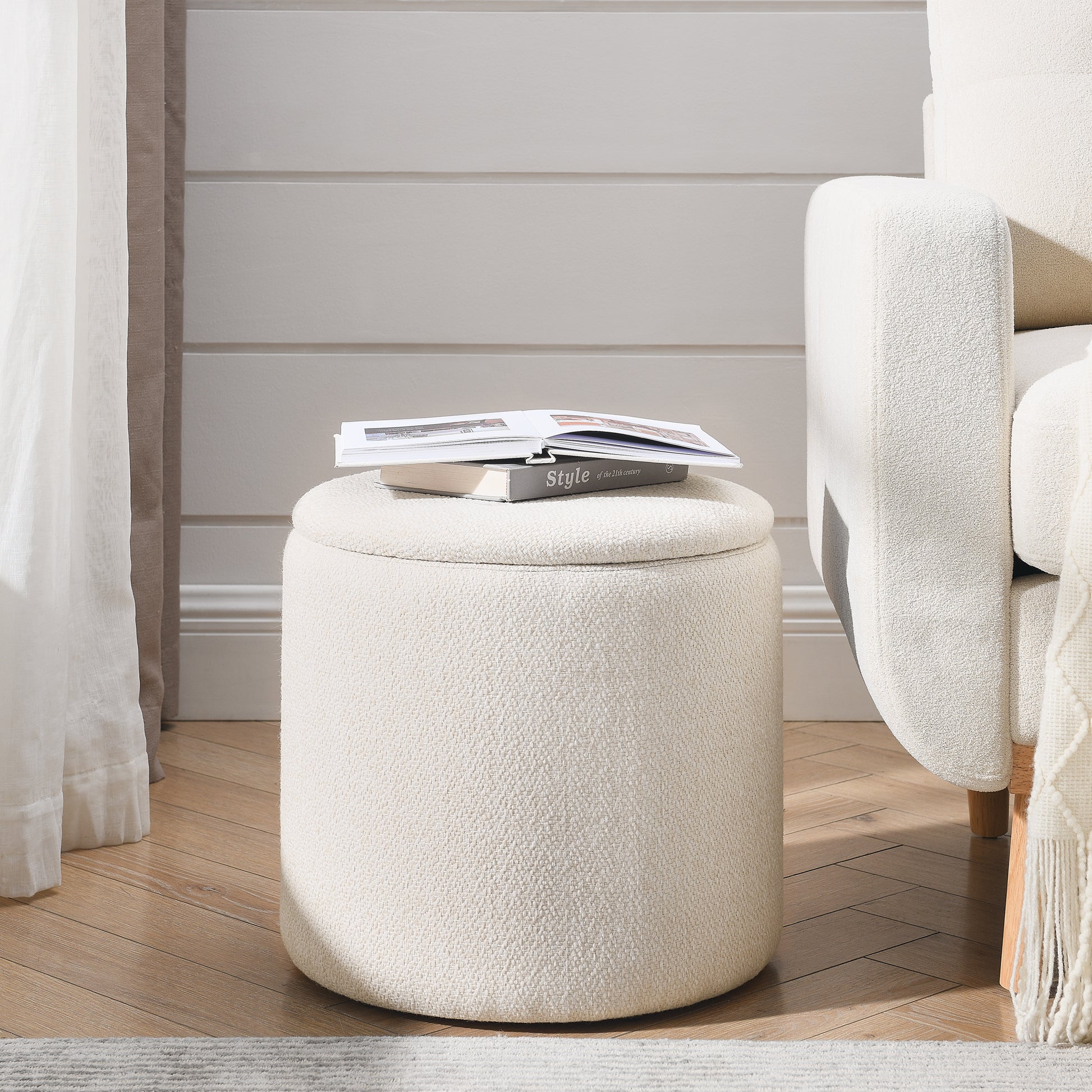 2 Piece Set Round Chenille Storage Ottoman, Equipped With A Drum Shaped Small Stool, Storage Space, And Mdf Made Desktop Panel Beige 23.62"X23.62"X16.53" Beige Chenille
