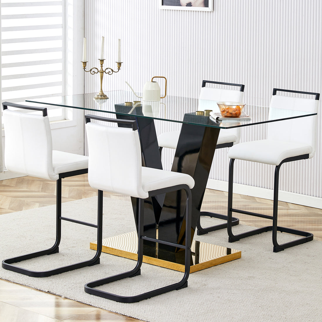 Table And Chair Set. A Rectangular Glass Dining Table With A 0.4 Inch Tempered Glass Tabletop And Mdf Board V Shaped Bracket, Paired With Chairs Consisting Of Pu Seat Cushions And Black Metal Legs. White Black Seats 4 Tempered Glass