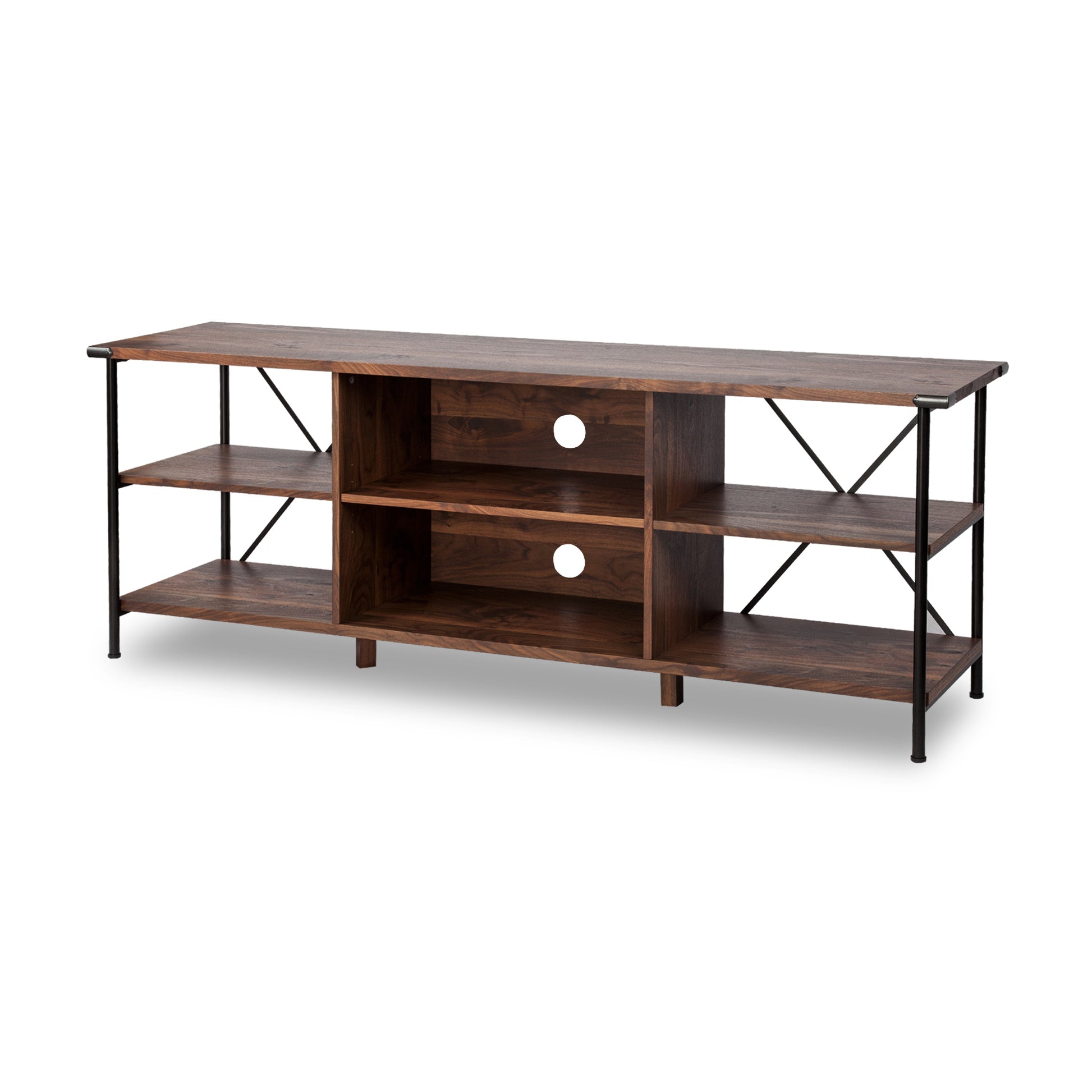 65" Tv Stand "Open Design Walnut Tv Stand With Cable Management And Adjustable Metal Feet" Walnut Solid Wood