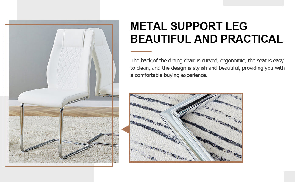 Table And Chair Set. Large Modern Rectangular Table With White Textured Top And Silver Metal Legs. Soft And Comfortable Pu Seats, Faux Leather Upholstered Seats And Sturdy Metal Legs. White Mdf Metal