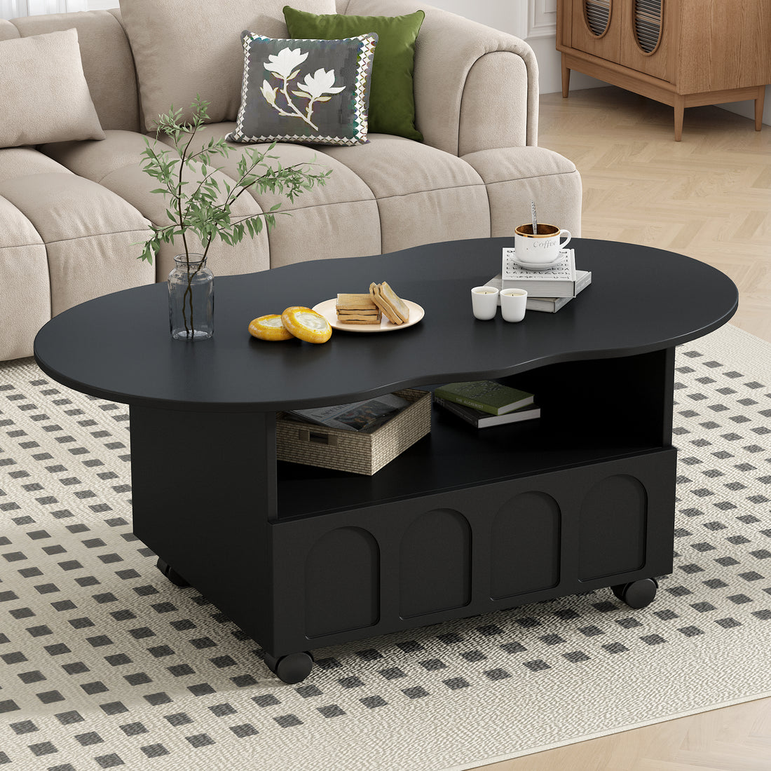 Flexible Cream Style Coffee Table With 2 Brake Wheels, Cloud Top Side Table With Drawer, Irregular Center Table With Large Storage For Living Room, Black, 39.37''X 23.6'' Black Particle Board