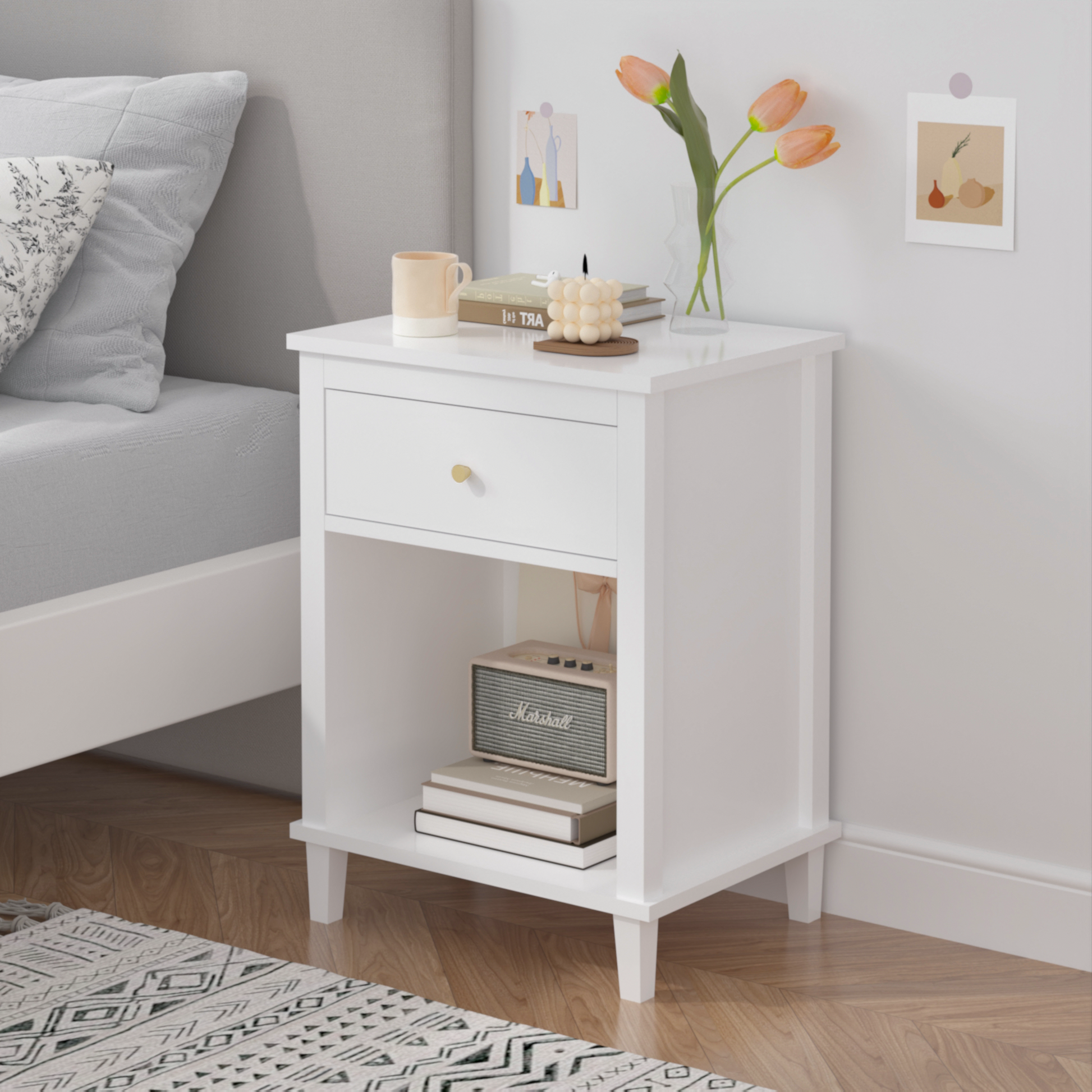 26.77''H Wooden Nightstand With One Drawer One Shelf For Kids, Adults, White White Mdf