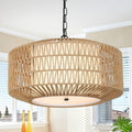 Farmhouse Chandelier Light Fixture,4 Light Rattan Boho Chandeliers For Dining Room With Fabric Shade,Hand Woven Large Rattan Dining Room Light Fixture For Kitchen Bedroom Island Hallway Brown Rattan Metal