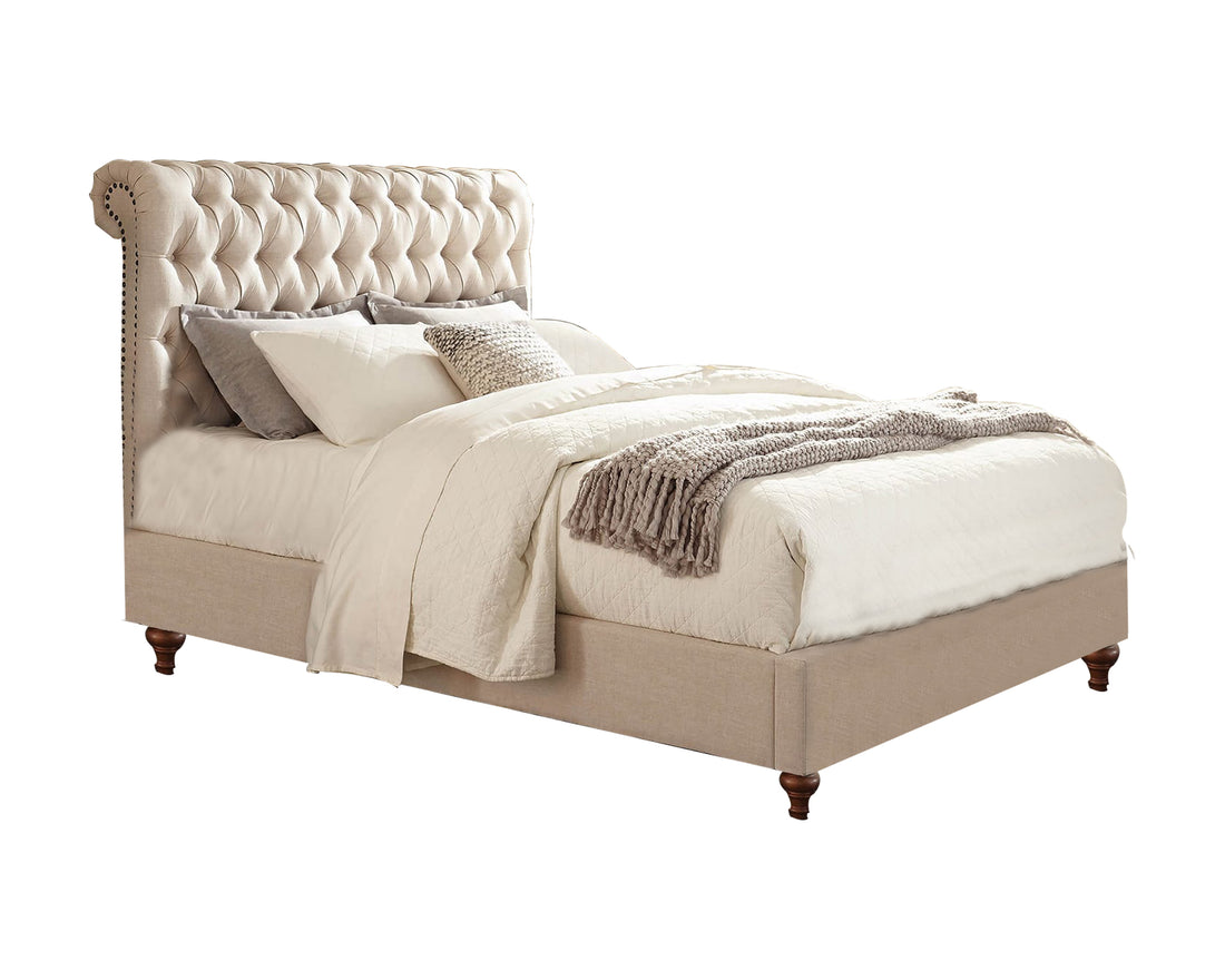 Wooden California King Size Bed With Button Tufted Headboard, Beige California King Beige Wood Fabric