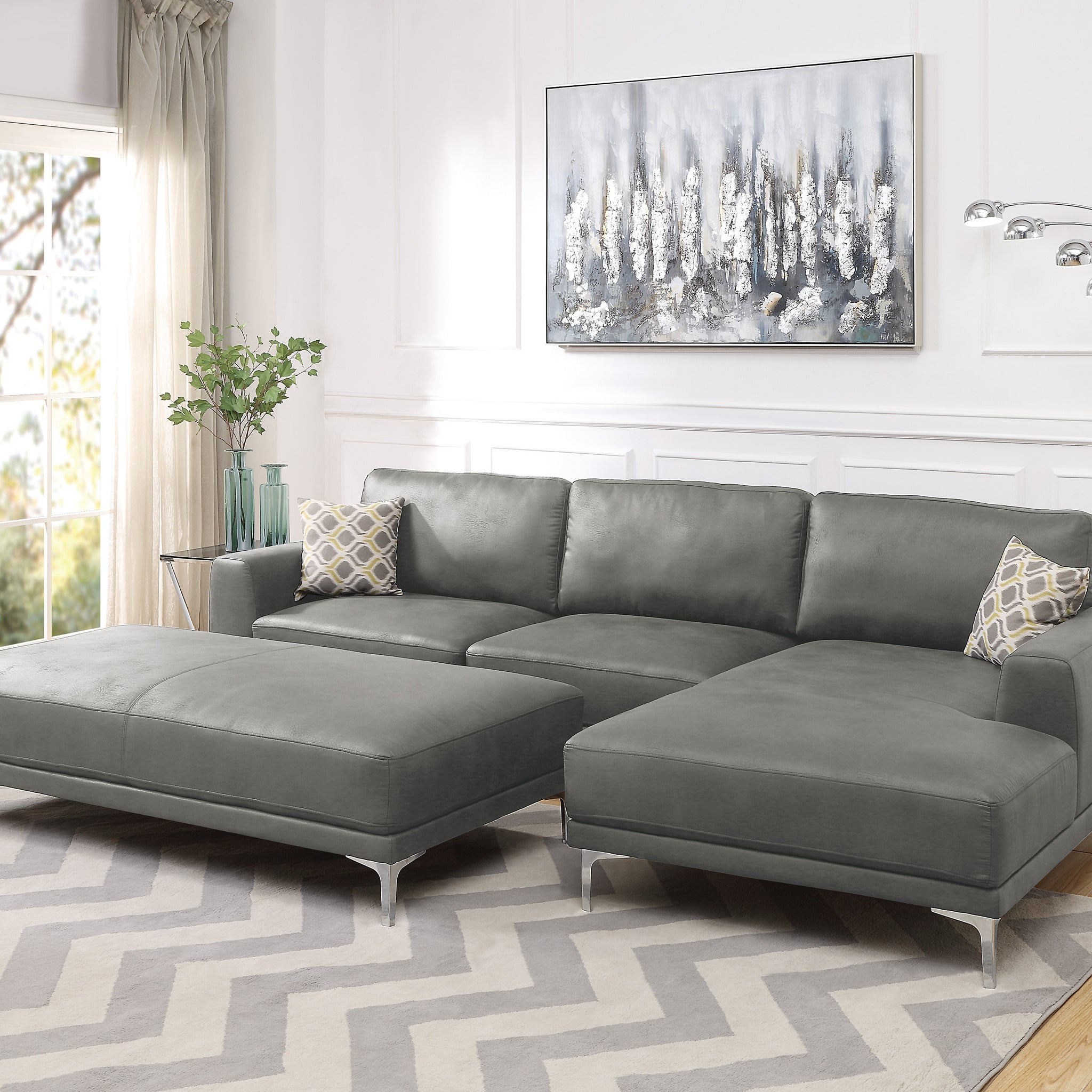 Left Facing Sofa, Right Facing Chaise Sectional Set Antique Grey Sleek Modern 2Pc Sectional W Pillows Antique Gray Faux Leather Primary Living Space Cushion Back Classic,Contemporary,Modern L Shaped Pine Metal 5 Seat