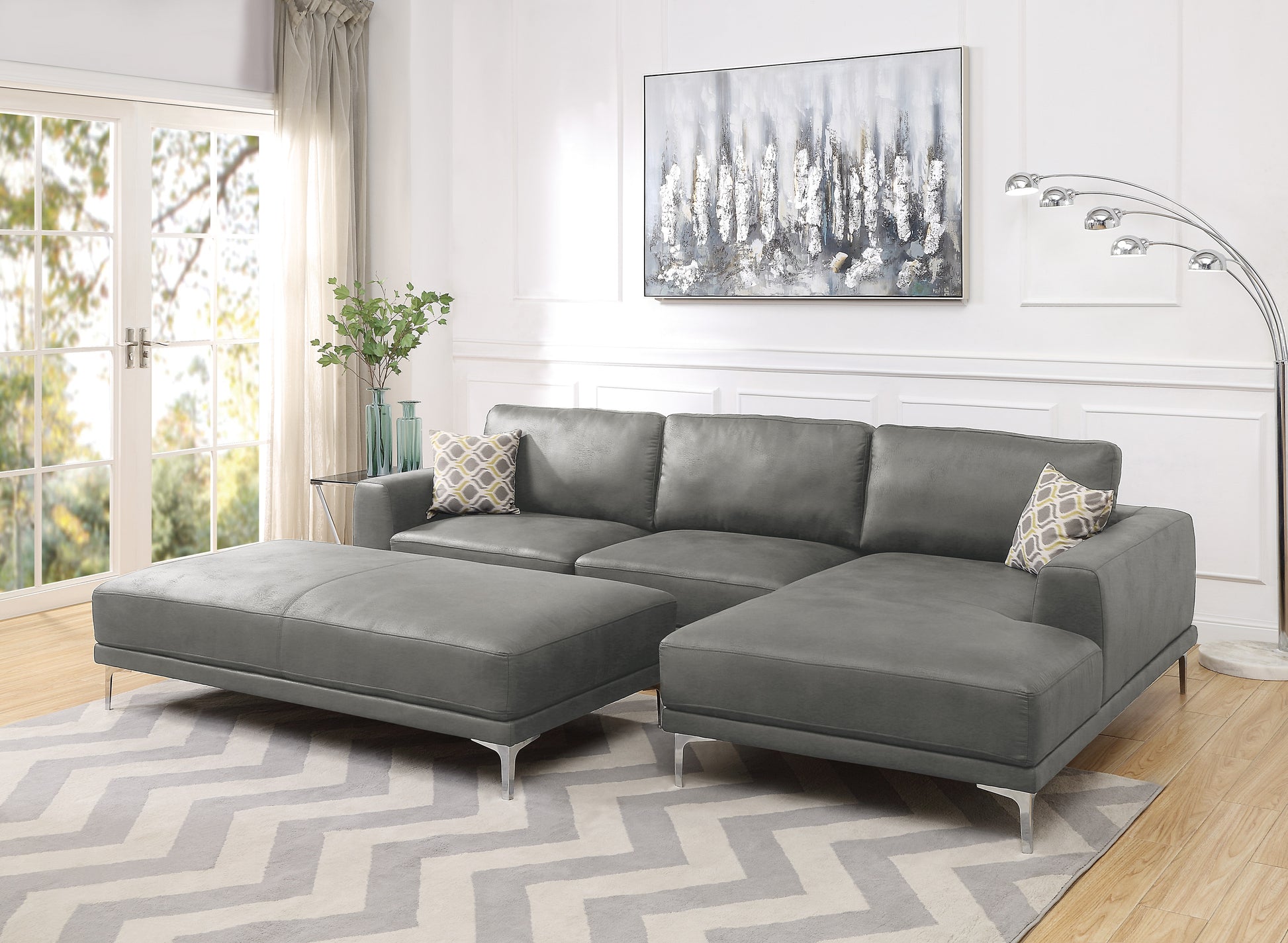 Modern Antique Gray Large Ottoman Metal Legs 1Pc Cocktail Ottoman Living Room Antique Gray Faux Leather Primary Living Space Grey Contemporary,Modern Rectangle Bonded Leather