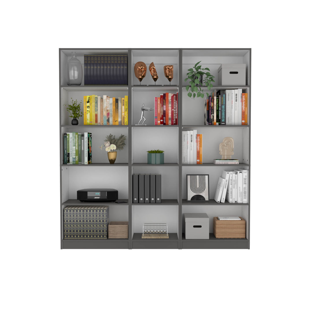 Luetz 3 Piece Home Bookcase Set, 67" Wide With 15 Shelvesliving Room Set Set Matt Gray White Freestanding 5 Or More Shelves Multicolor Office Open Storage Space Modern Particle Board