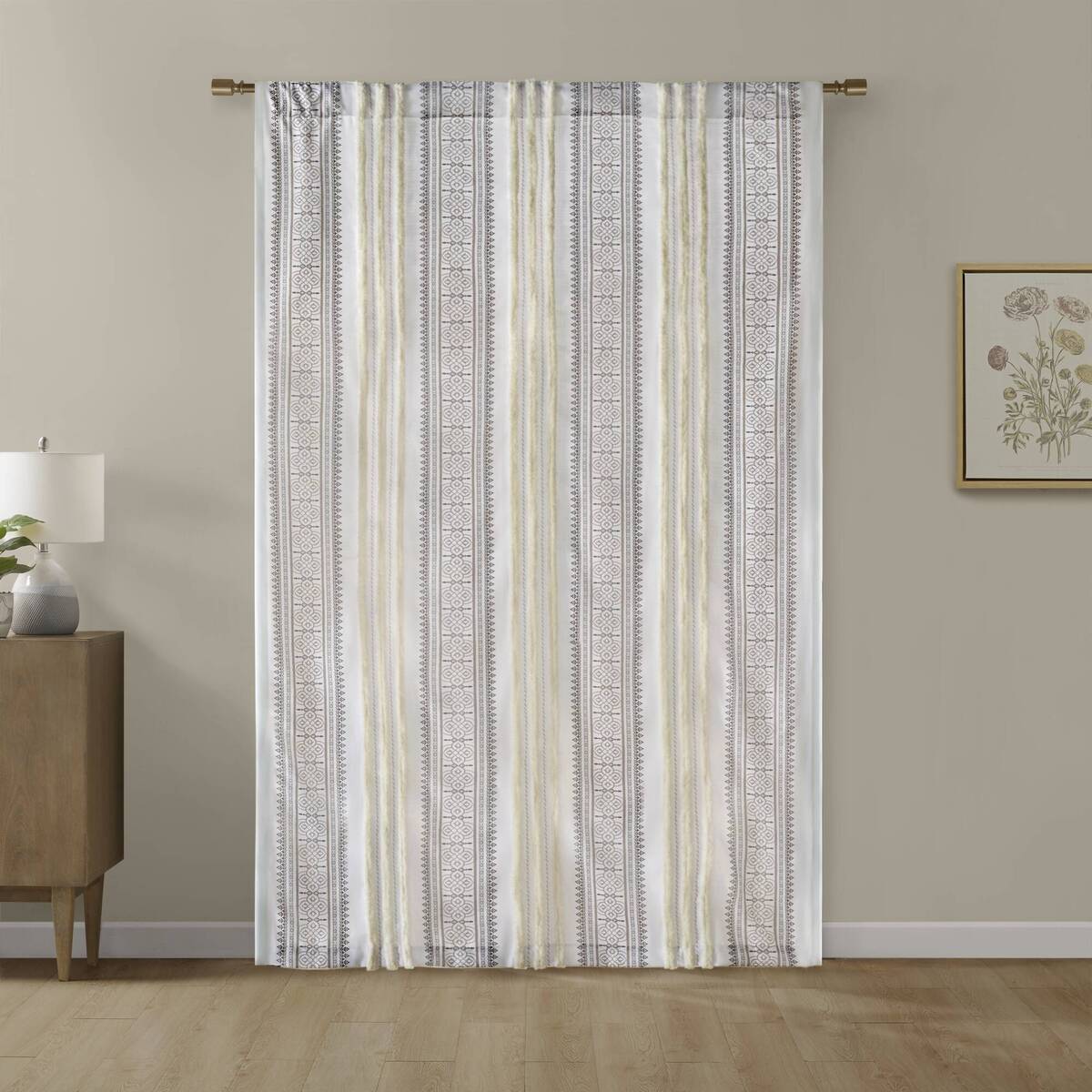 Poly Printed Curtain Panel With Tufted Stripe And Lining White Brown 50X84" Multicolor Polyester