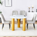 Table And Chair Set, Round Table With White Marble Pattern, Gold Mdf Table Legs, Soft And Comfortable Dining Chair, Suitable For Kitchen And Living Room White Seats 4 Mdf