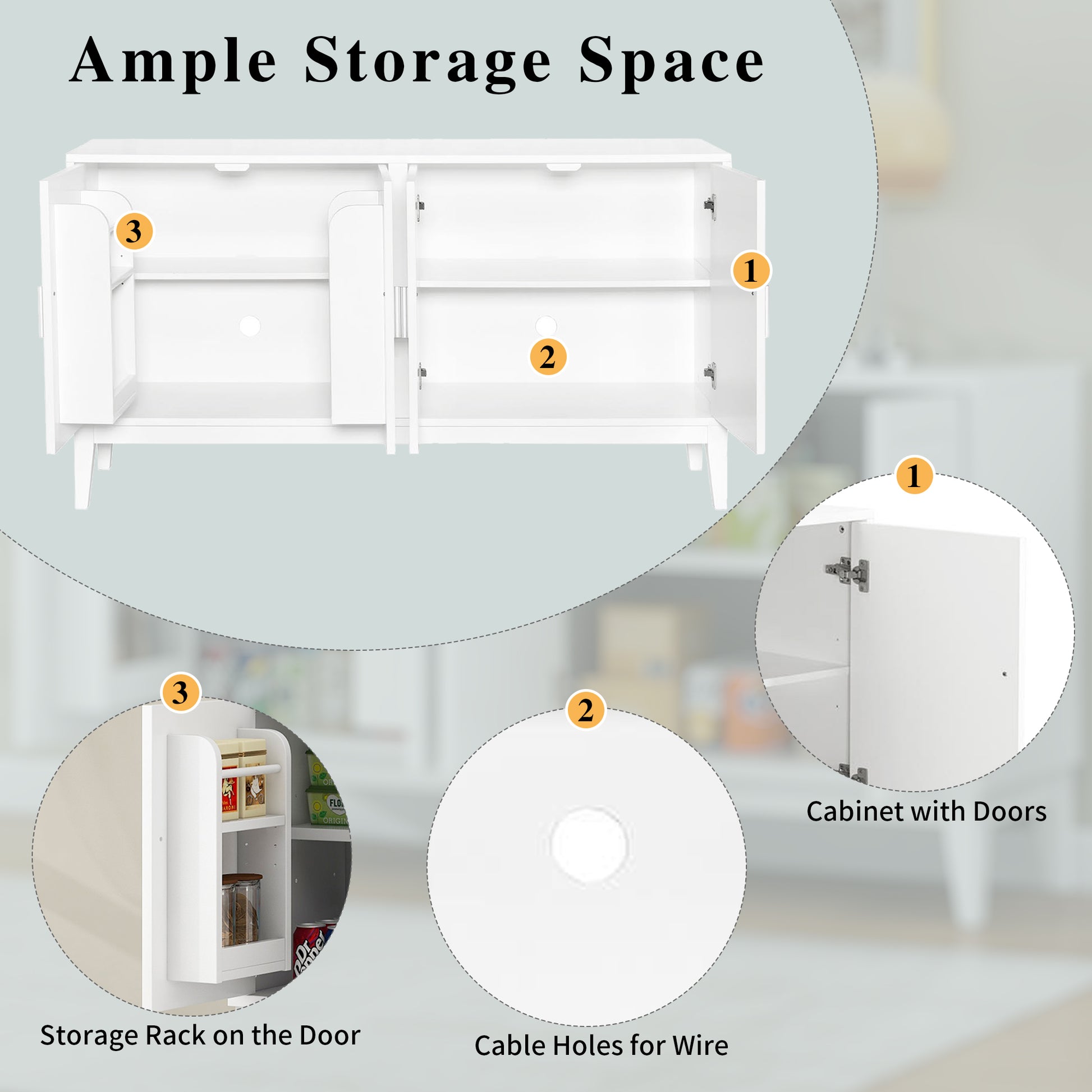 4 Door Sideboard Storage Cabinet With Door Shelf For Living Room And Dining Room, Two Large Cabinets With Adjustable Shelf, White White Rubberwood Solid Wood Mdf