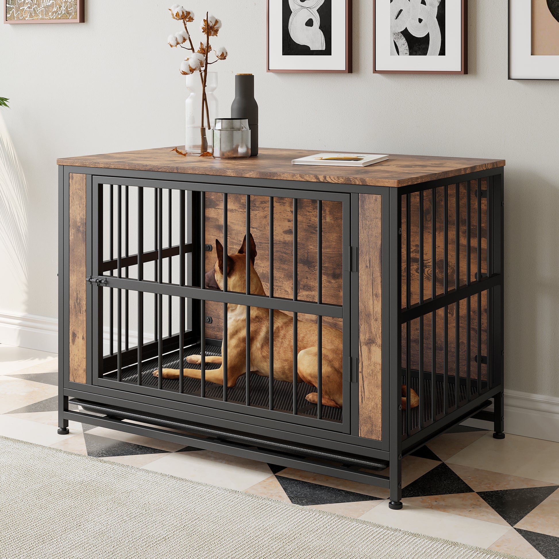 Dog Crate Furniture, Wooden Dog Crate Table, 38.9" Dog Kennel With 2 Sliding Doors And Thick Iron Door Frame, Decorative Pet Crate House For Large Medium Small Dog Indoor Use Rustic Brown Black Brown Large 41 70 Lbs Mdf Metal