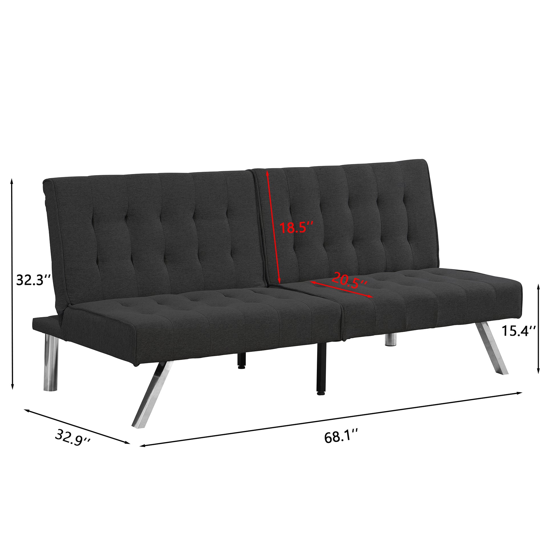 Wood Frame, Stainless Leg, Futon, Sofa Bed Black Black Fabric 2 Seat
