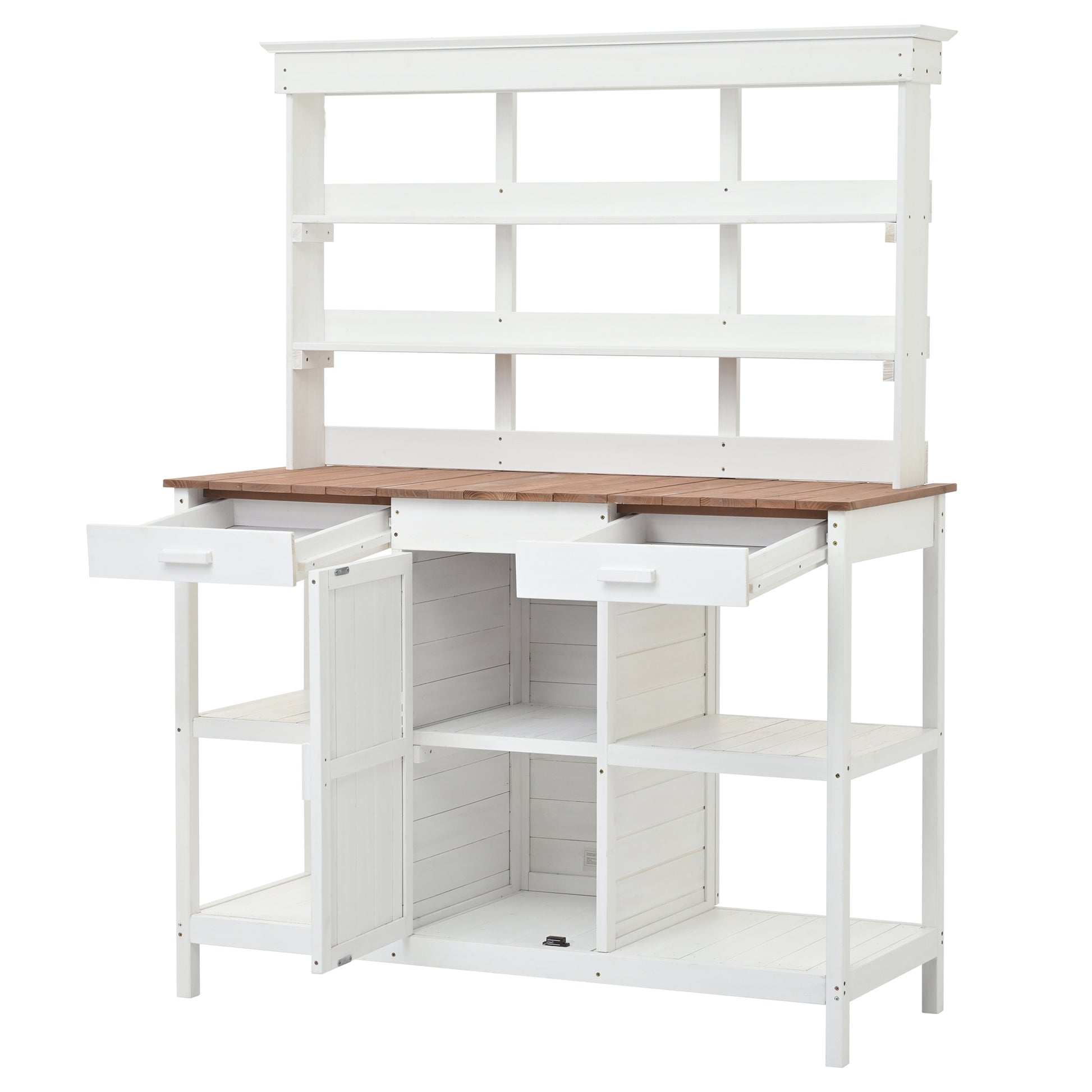 66" Large Outdoor Farmhouse Wooden Potting Bench Table, Garden Workstation With 2 Drawers, Cabinet And Open Shelves For Backyard, Mudroom, White White Garden & Outdoor Casual Wood Solid Wood