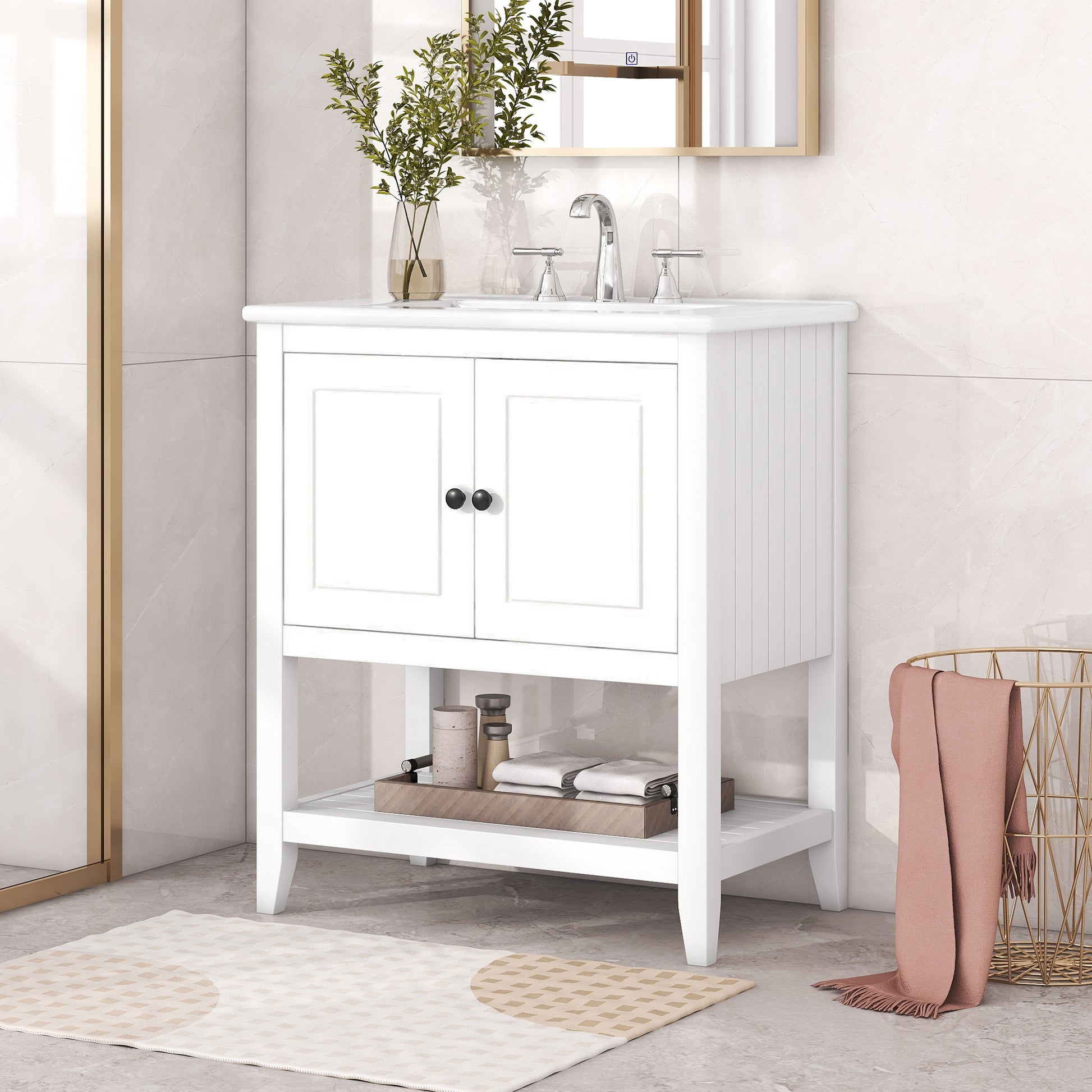 30" White Modern Sleek Bathroom Vanity Elegant Ceramic Sink With Solid Wood Frame Open Style Shelf & Door Shelf Design White Solid Wood