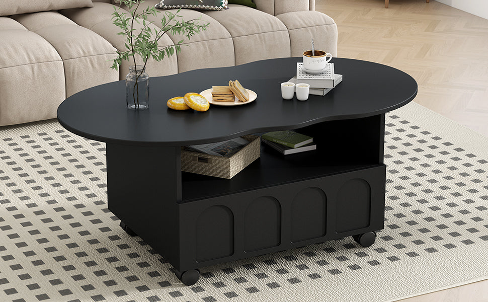 Flexible Cream Style Coffee Table With 2 Brake Wheels, Cloud Top Side Table With Drawer, Irregular Center Table With Large Storage For Living Room, Black, 39.37''X 23.6'' Black Particle Board