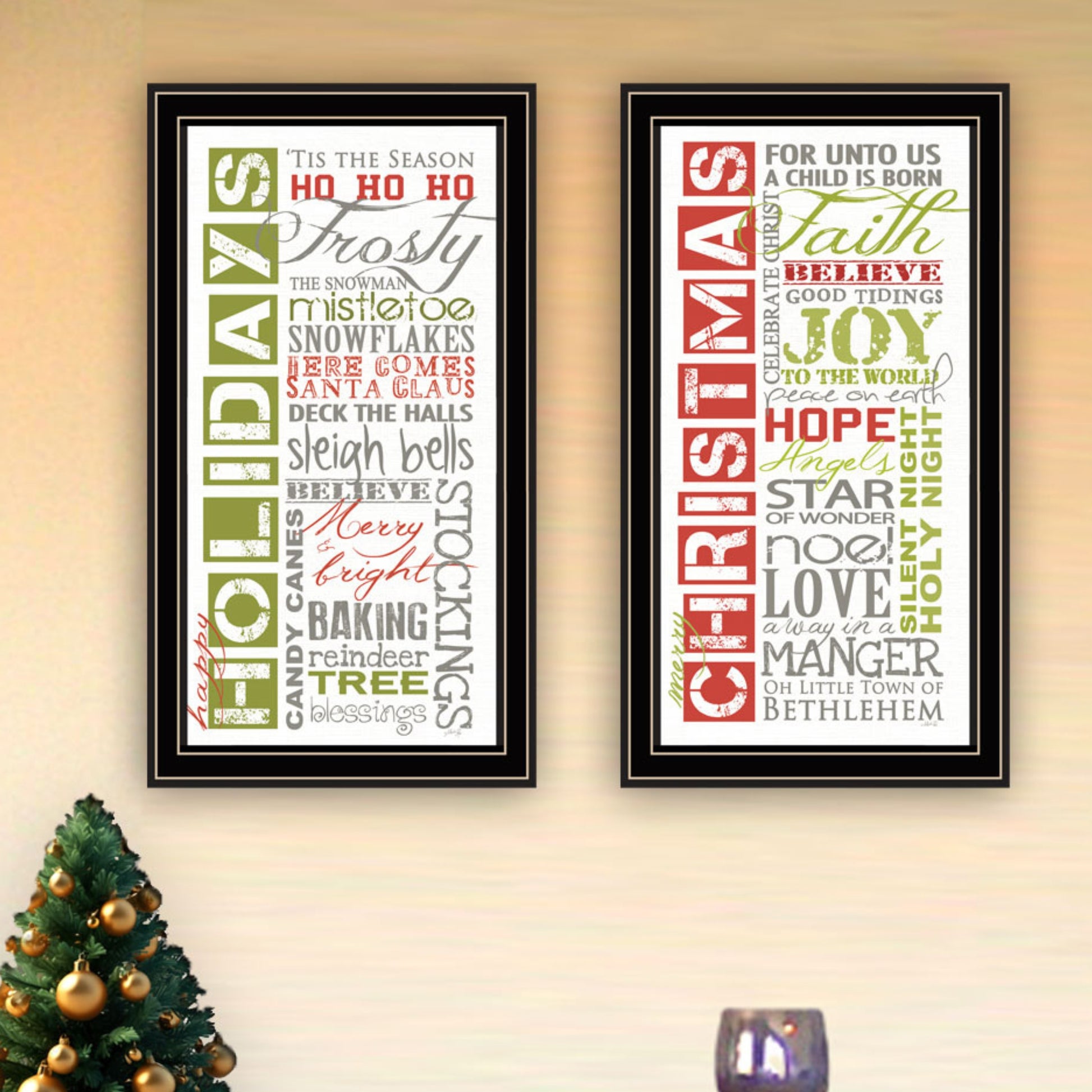 2 Piece Vignette Happy Holidays Black Framed Wall Art For Living Room, Bedroom Wall Art Print For Home Decor By Marla Rae Multicolor Wood Paper