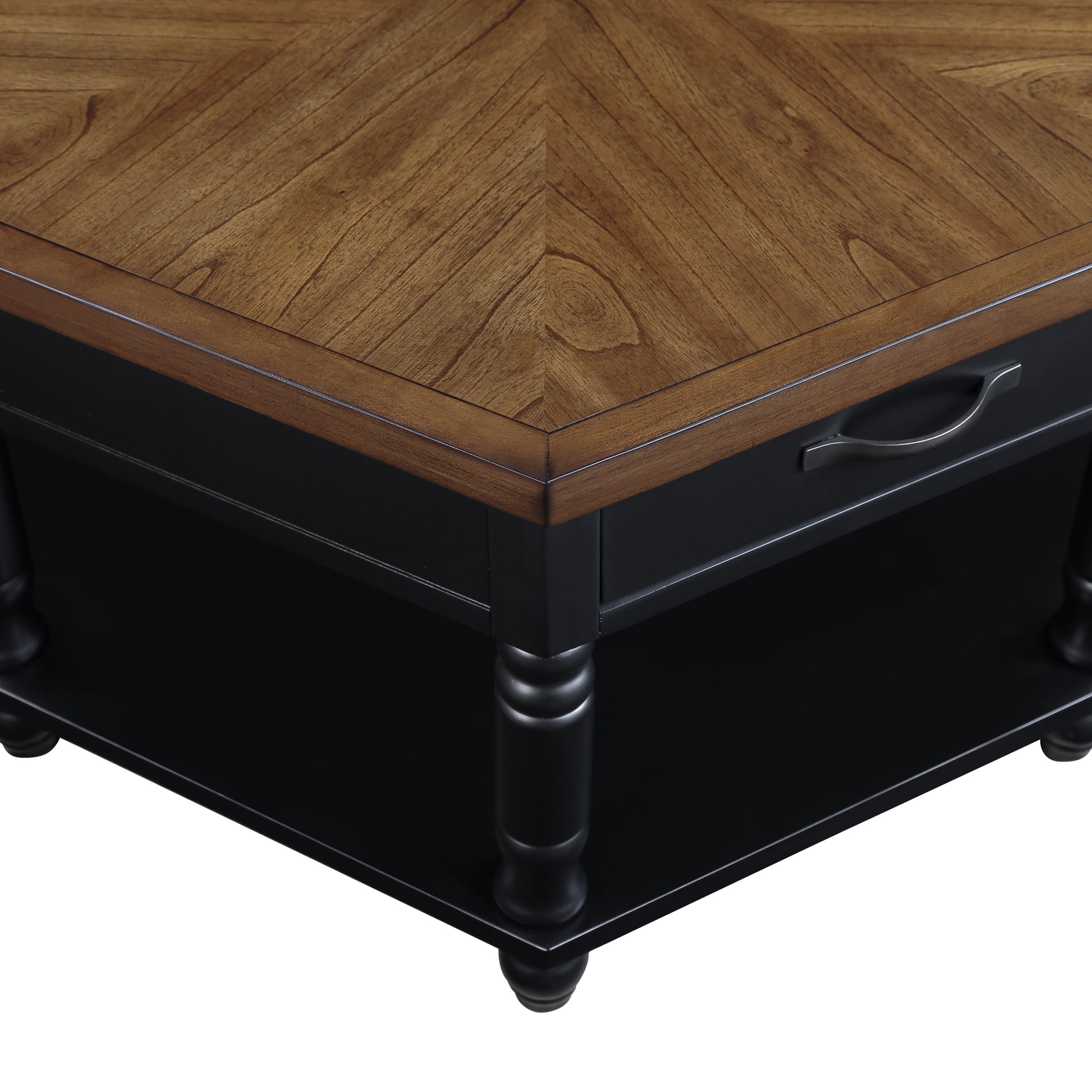 2 Tier Retro Hexagon Living Room Solid Wood Coffee Table With Shelf & Drawer, 36'' Mid Century Center Coffee Table For Living Room, Office. Black And Cherry Top Black Pine