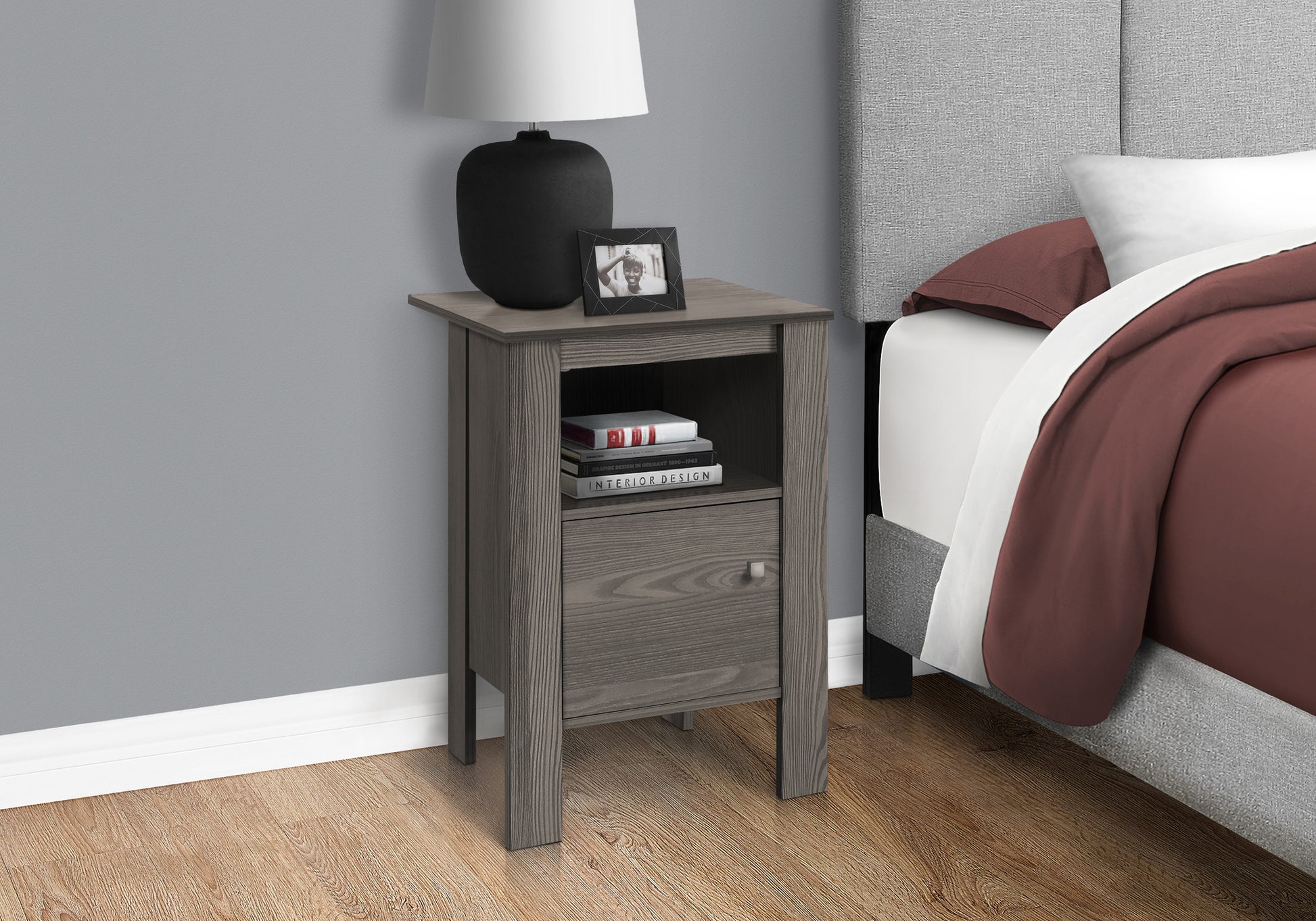 Accent Table, Side, End, Nightstand, Lamp, Storage, Living Room, Bedroom, Grey Laminate, Transitional Grey Particle Board