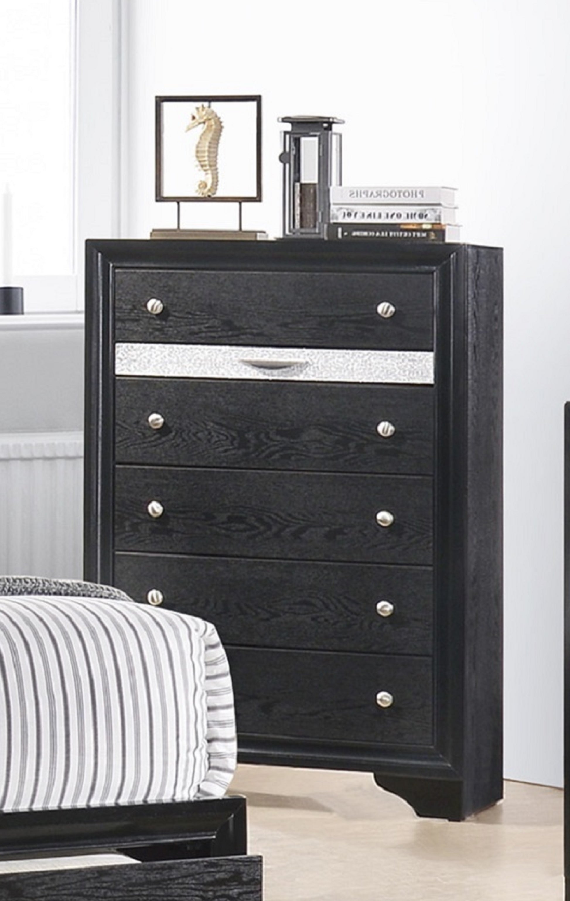 Modern Luxury 1Pc Glam 5 Drawer Chest Pullout Jeweler Tray Silver Panel Bedroom Solid Wood Wooden Furniture Black Bedroom Glam,Luxury,Modern Wood