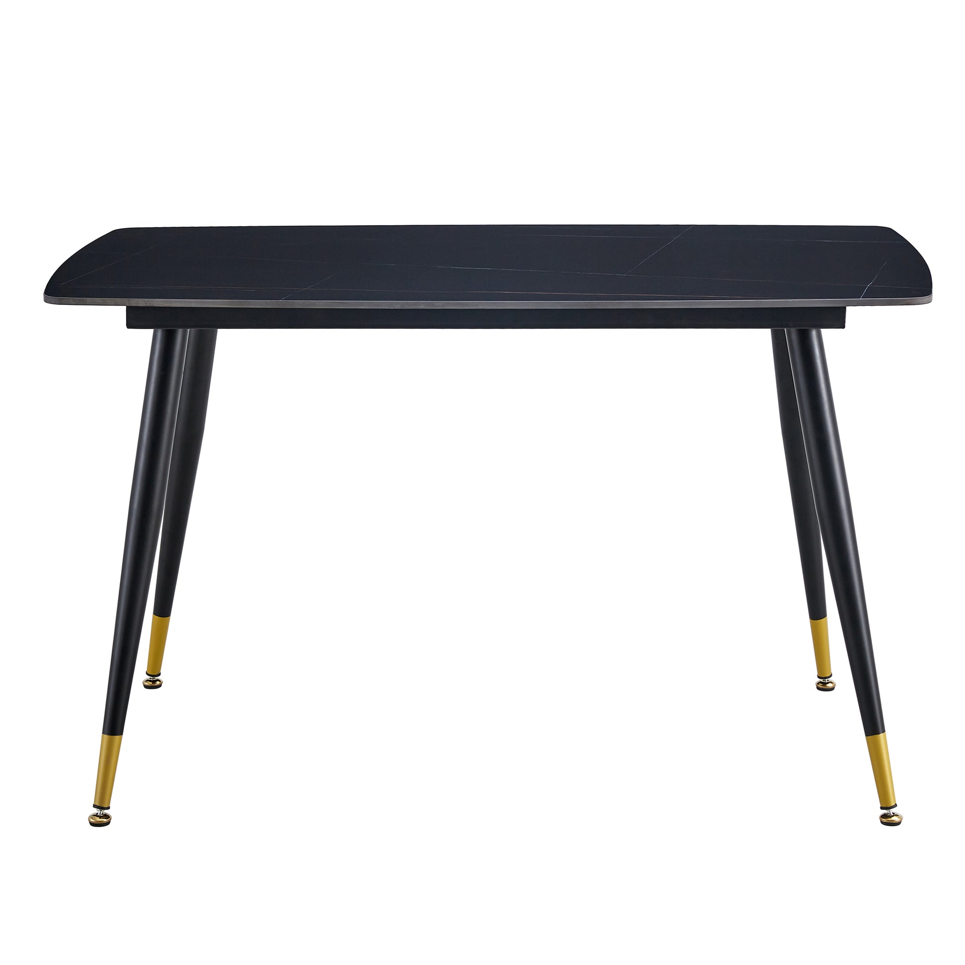 Table And Chair Set. Large Modern Rectangular Table With Black Textured Top And Black Metal Legs. Soft And Comfortable Pu Seats, Faux Leather Upholstered Seats And Sturdy Metal Legs. Grey Black Seats 4 Sintered Stone