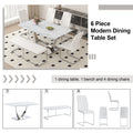 Table And Chair Set. Large Modern Rectangular Table With White Textured Top And Silver Metal Legs. Soft And Comfortable Pu Seats, Faux Leather Upholstered Seats And Sturdy Metal Legs. White Mdf Metal