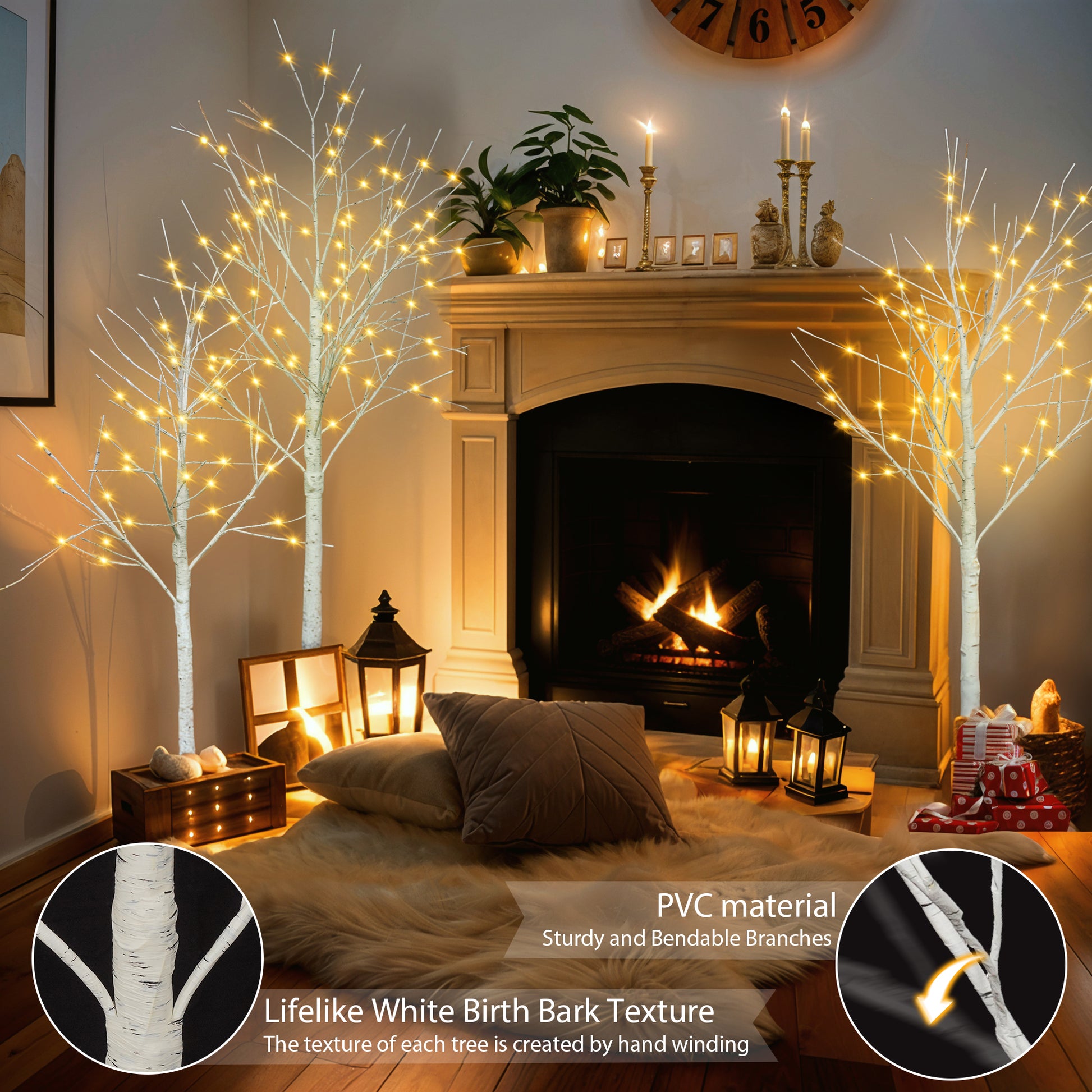 Set Of Lighted Birch Tree, 4Ft 48 Led 5Ft 72 Led 6Ft 96 Led Artificial Tree With Warm White Lights, Christmas Tree For Decoration Inside And Outside White Pvc