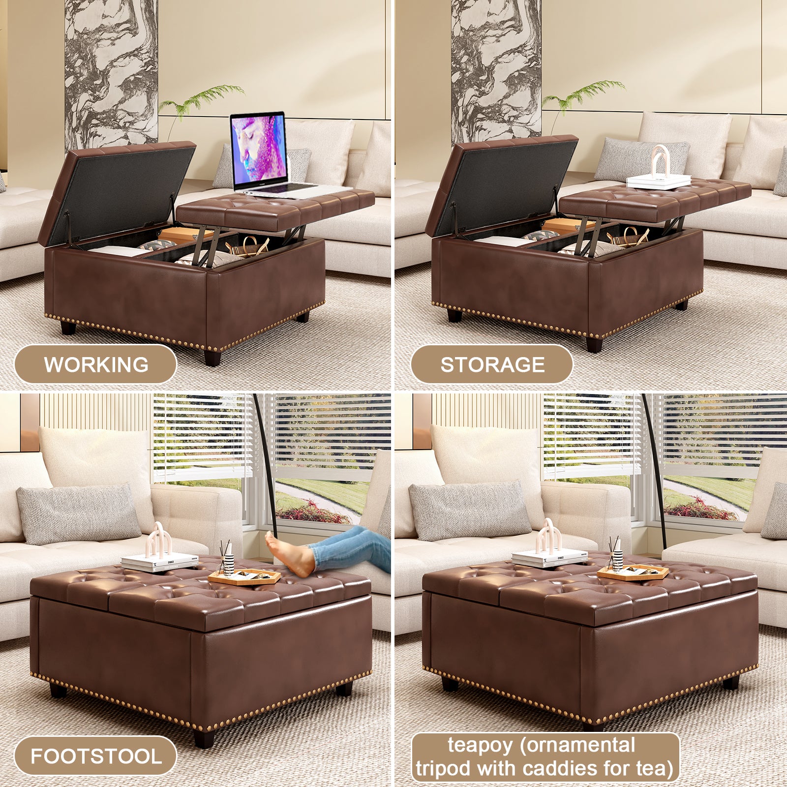 Square Box Stool Large Square Storage Stool With Two Storage Doors, Footstool For Livin