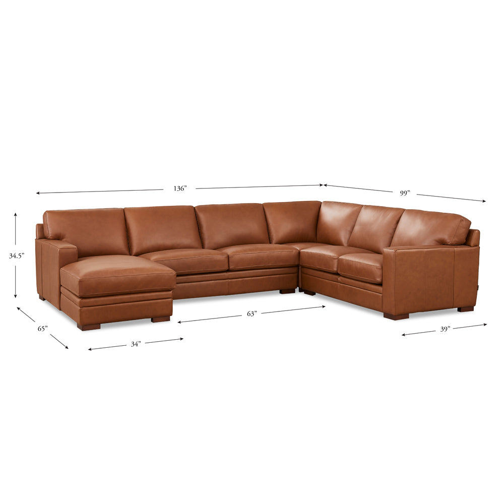 Dillon Leather Left Chaise Sectional Brown Genuine Leather Wood Primary Living Space Medium Firm Cushion Back Mid Century Modern U Shaped Eucalyptus Square Arms Down Filling Leather 6 Seat