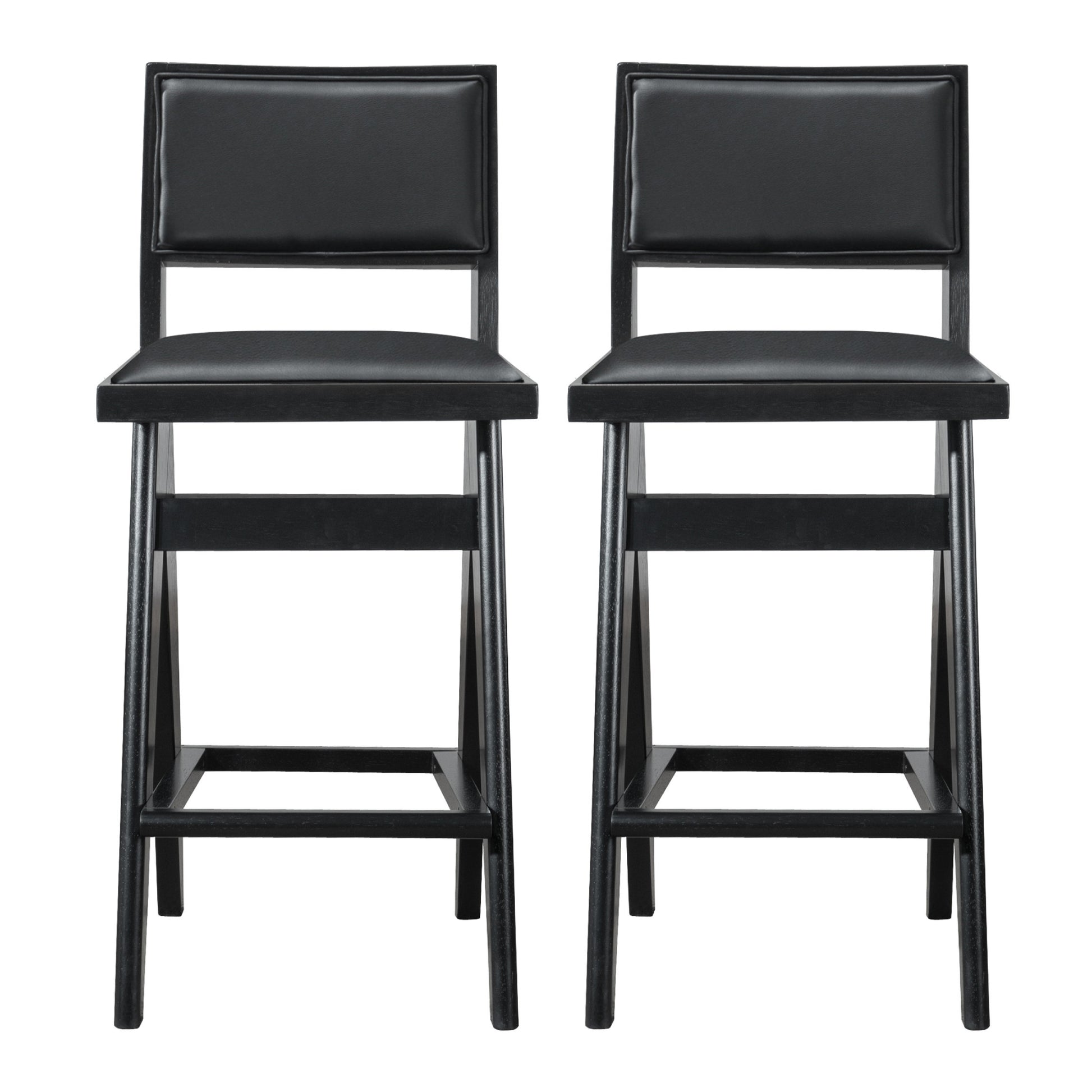 Keira Black Pu Bar Stool Set Of 2 Solid Black Dining Room Wipe Clean Bar Stools Teak Open Back 1 Pu Leather,Solid Wood