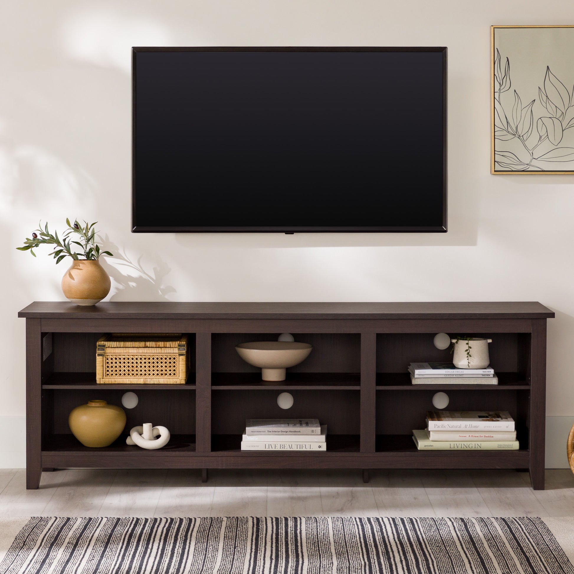 Modern Transitional 3 Shelf Open Storage 70" Tv Stand For 80" Tvs Espresso Espresso Mdf