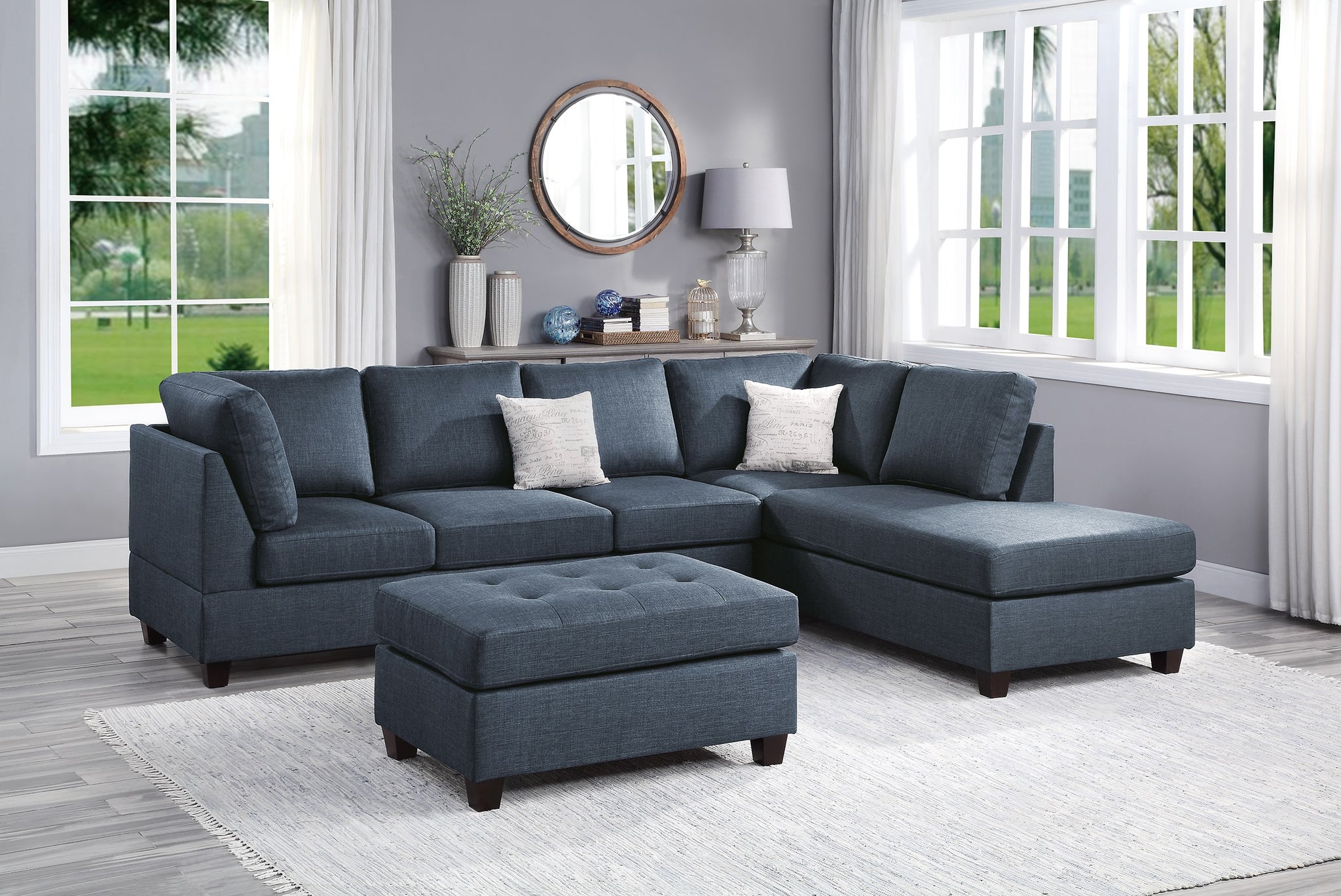 Contemporary 3Pc Reversible Sectional Sofa Set W Ottoman Dark Blue Dorris Fabric Cushion Sofa Chaise Ottoman Couch Pillows Dark Blue Wood Primary Living Space Cushion Back Contemporary,Modern L Shaped Rubberwood Particle Board 5 Seat