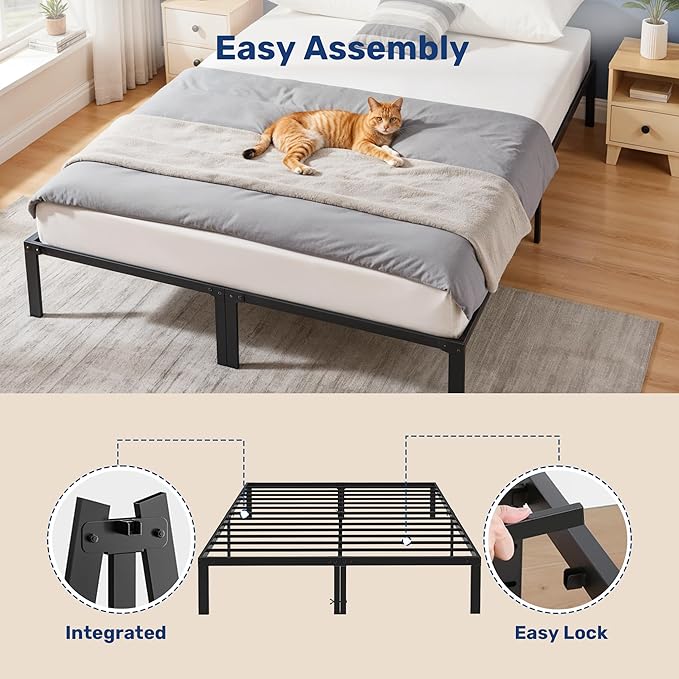 King Size Bed Frame, 14 Inch Platform Bed No Box Spring Needed, Sturdy Metal Bed Frame King Size, Storage Space Under The Bed Heavy Duty Frame Bed, Black Black Metal