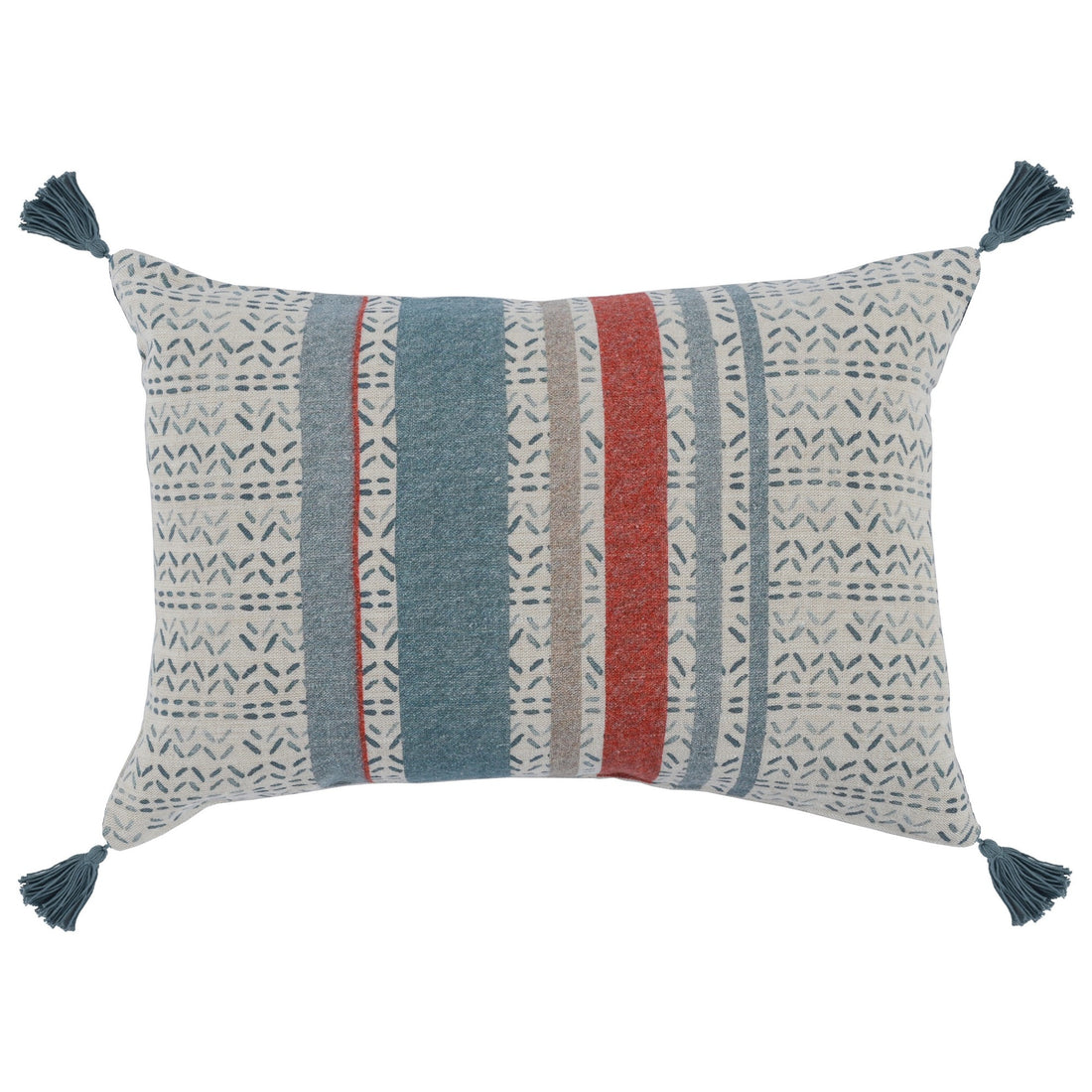 14 X 20 Modern Throw Pillow, Digitally Printed, Stripes, Tassels, Blue, Red Multicolor Linen