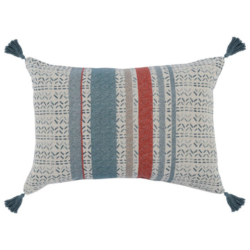 14 X 20 Modern Throw Pillow, Digitally Printed, Stripes, Tassels, Blue, Red Multicolor Linen