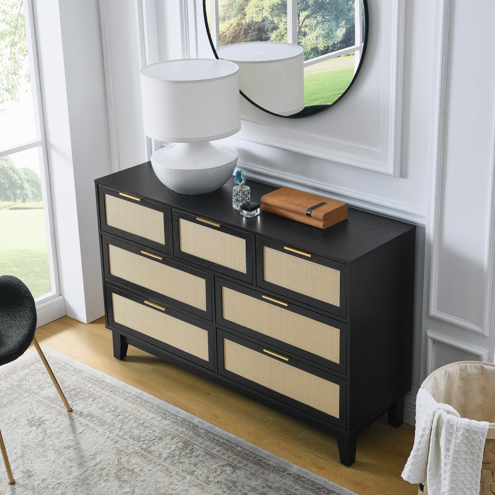 Bedroom 7 Drawer Dresser, Rattan Dresser Modern Wooden Chest Of Drawers With Spacious Storage Space For Bedroom Hallway Living Room Black Solid Wood Mdf