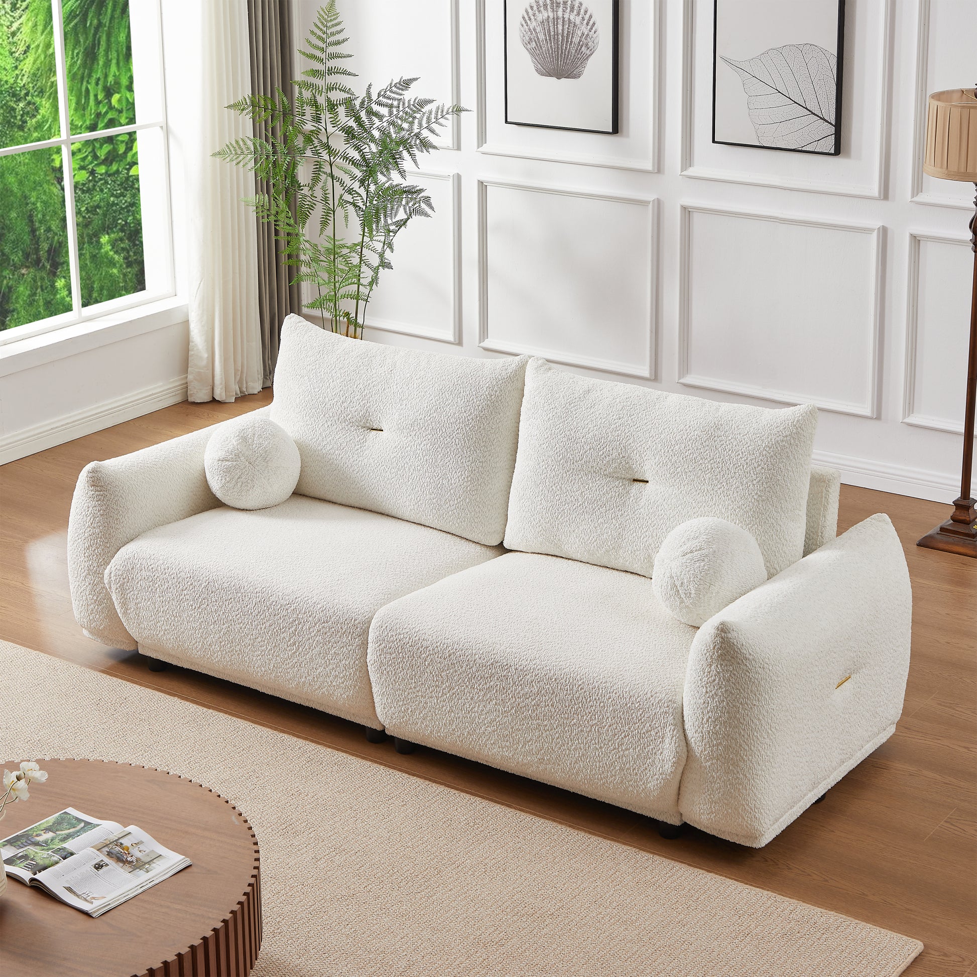 Lamb'S Wool 2 Seater Cushion Sofa 90'' Comfortable Sofa For Living Room Bedroom And Other Casual Spaces Lamb'S Wool Sofa With 2 Cushions And 2 Ball Pillows. Beige Beige Foam Fabric 2 Seat