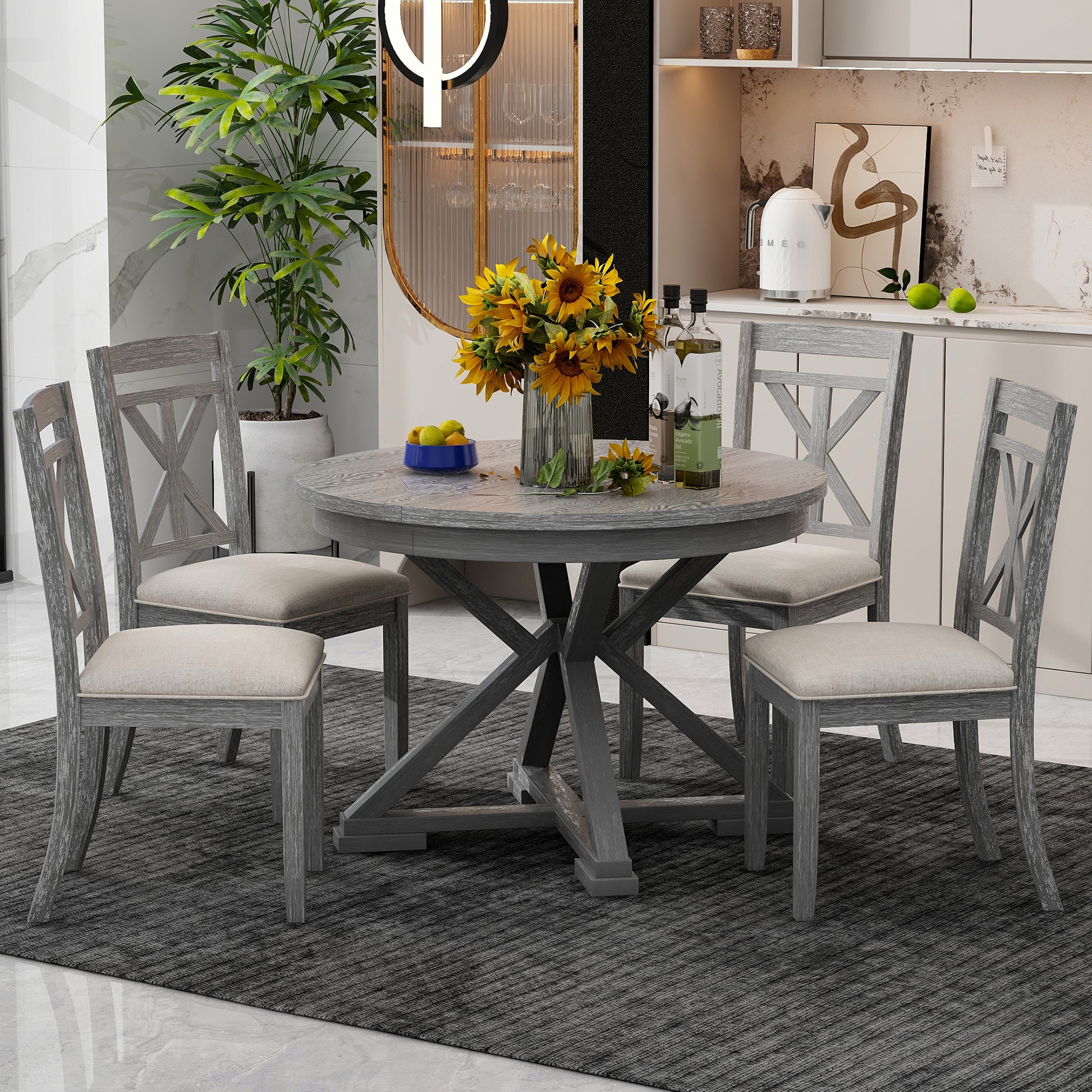 5 Piece Retro Functional Dining Table Set Extendable Round Table And 4 Upholstered Chairs For Dining Room And Living Room Grey Grey Solid Wood