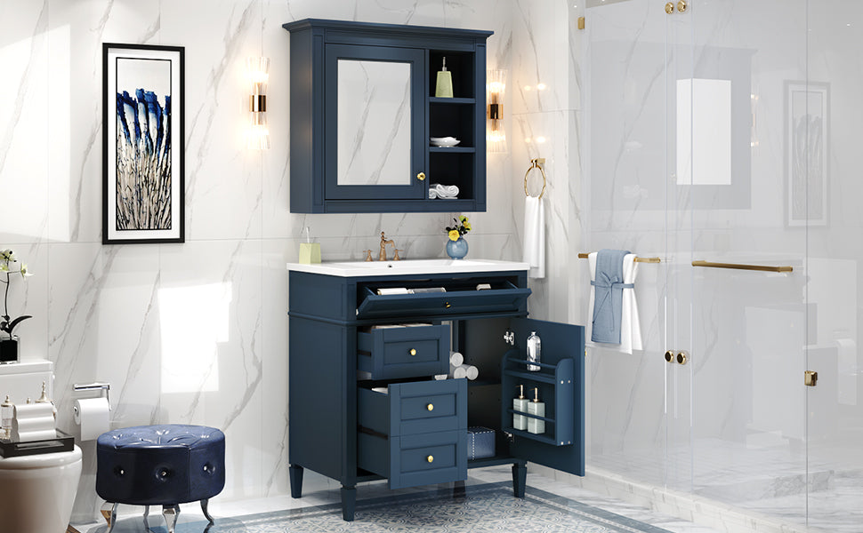 30'' Bathroom Vanity With Top Sink, Modern Bathroom Storage Cabinet With 2 Drawers And A Tip Out Drawer, Freestanding Vanity Set With Mirror Cabinet, Single Sink Bathroom Vanity 3 Blue 2 Mirror Included Bathroom Wall Mounted Modern Solid Wood Painted