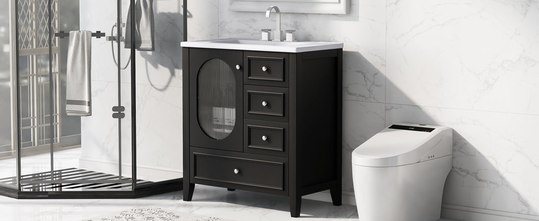 30" Bathroom Vanity With Sink, Bathroom Vanity Cabinet With Three Drawers And Door, Solid Wood And Mdf, Black Black Solid Wood Mdf