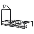 Twin Size Metal Platform Bed With Two Drawers,House Shaped Headboard Design, Black Twin Black Metal