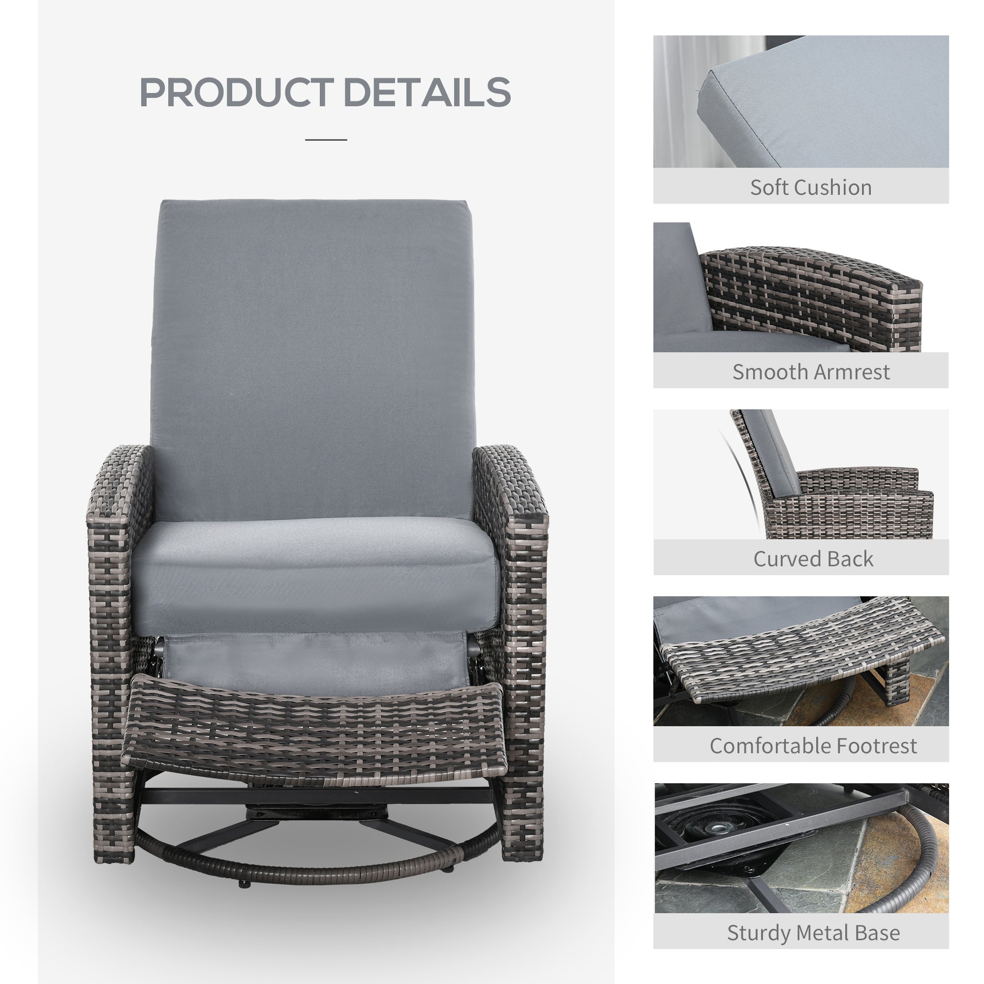 Outsunny Outdoor Wicker Swivel Recliner Chair, Reclining Backrest, Lif