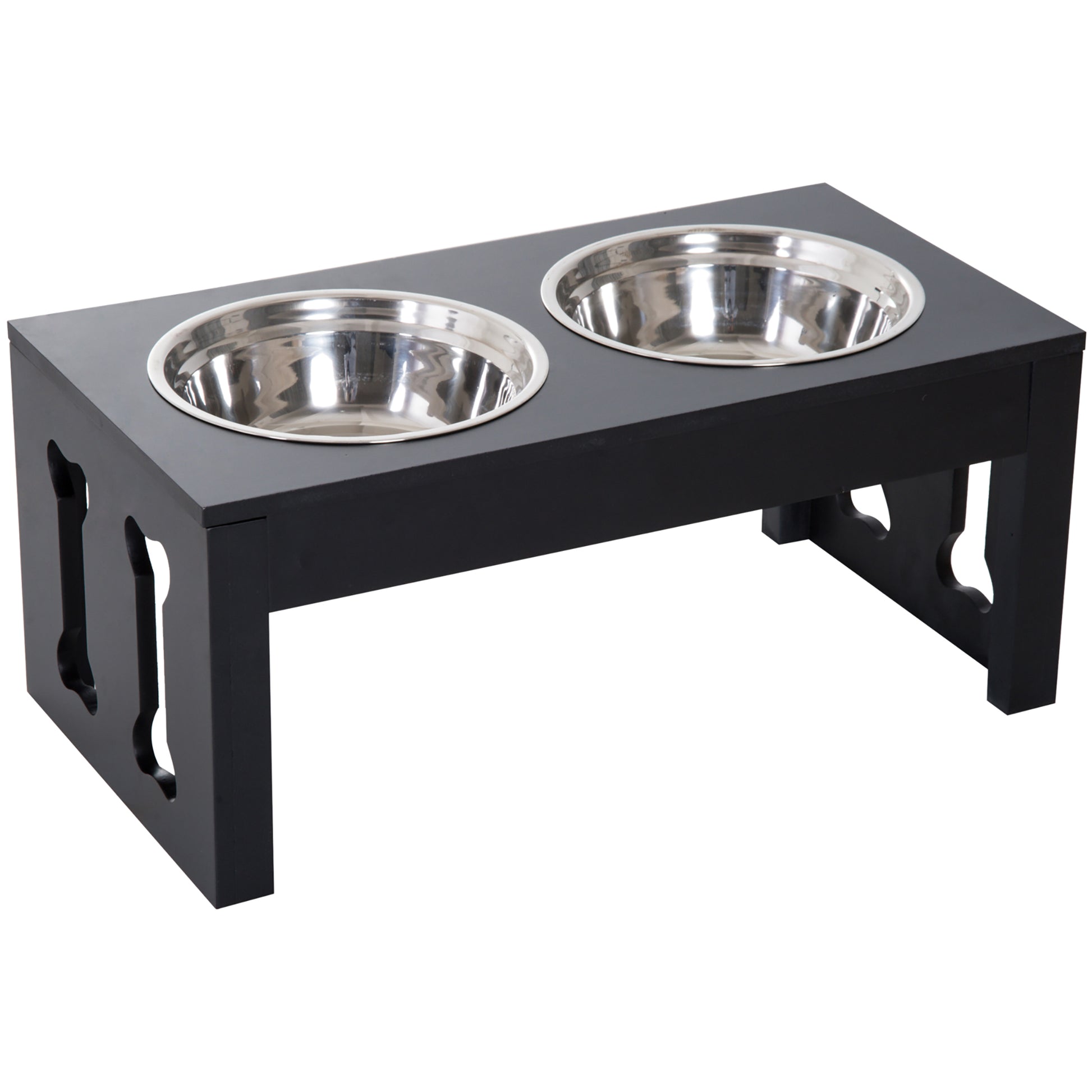 Pawhut 23" Modern Decorative Dog Bone Wooden Heavy Duty Pet Food Bowl Elevated Feeding Station Black Black Mdf