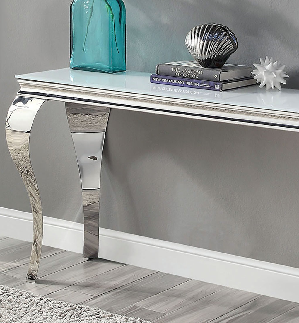 Glam Contemporary 1Pc Sofa Table White Glass Top Silver Color Table Living Room Stainless Steel Cabriole Style Legs Silver,White Primary Living Space Classic,Modern,Transitional Console Tables Rectangular Glass,Stainless Steel
