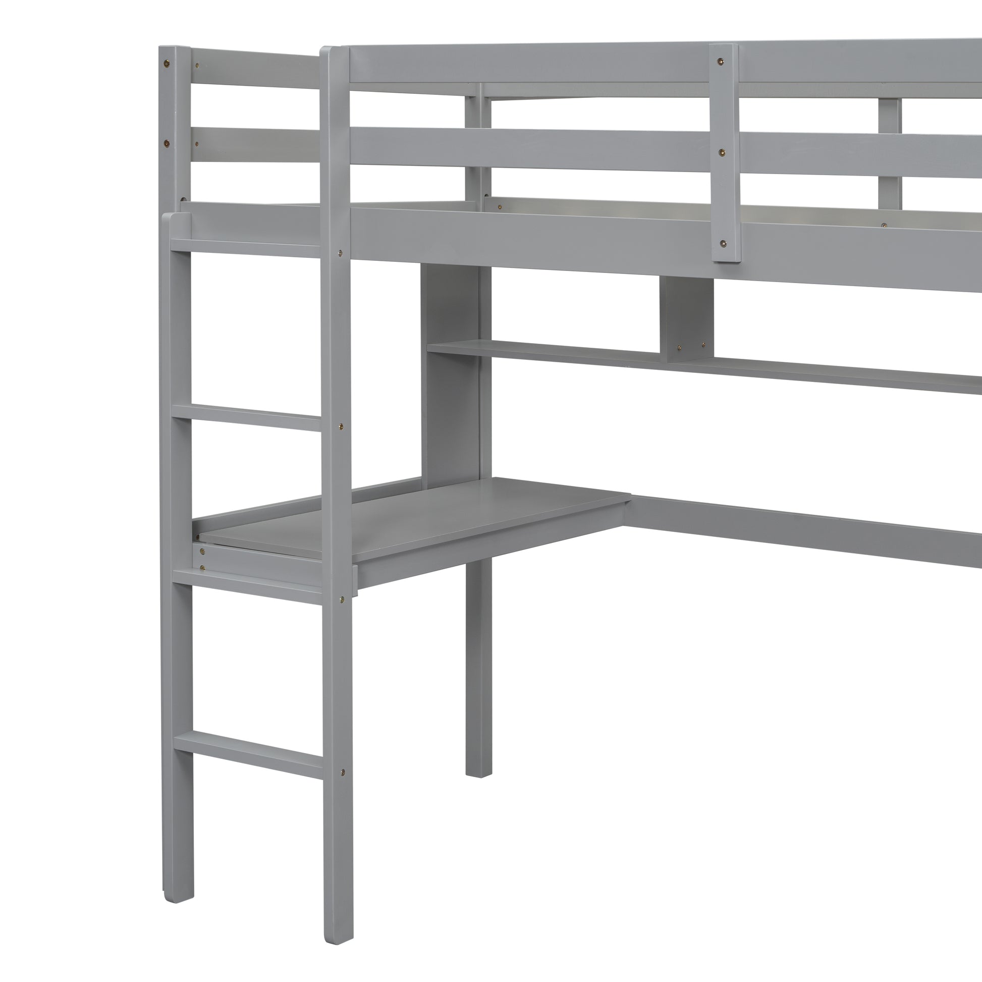 Twin Size Loft Bed With Desk And Shelves, Safety Guardrail And Ladder,Grey Twin Grey Pine