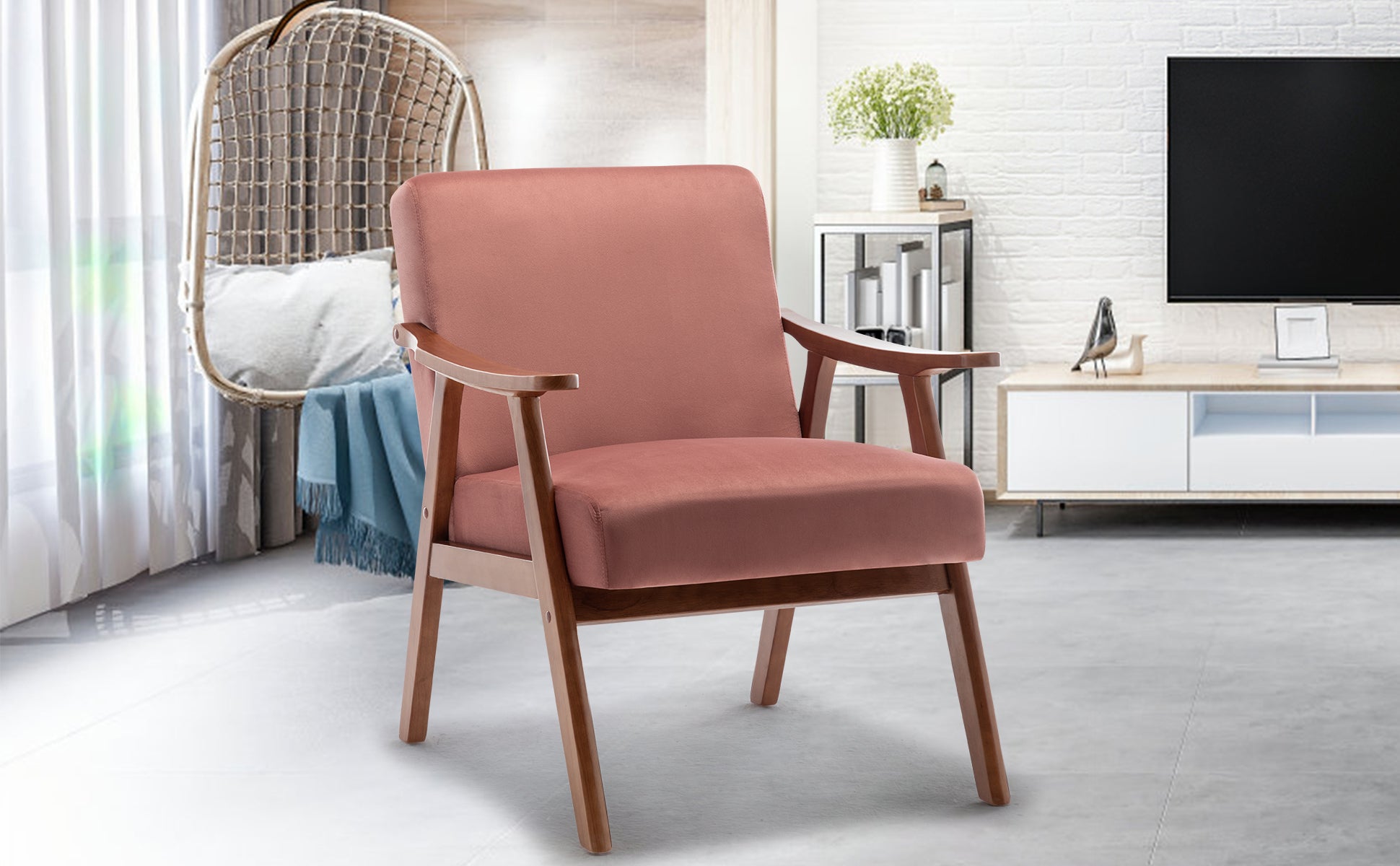 Mid Century Modern Chair, Living Room Chair With Solid Wood Frame, Accent Chair Extra Thick Backrest, Wingback Chair For Bedroom, Reading Room, Living Room, Lounge Chair Indoor Pink Primary Living Space Mid Century Modern Foam Velvet